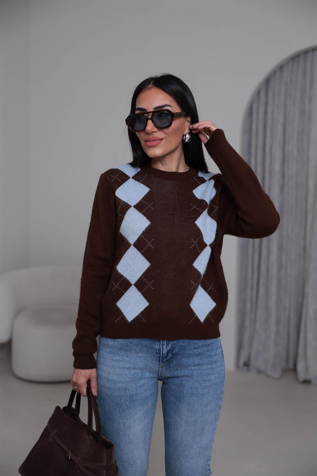 9104 Bisiklet Yaka Baklava Desen Triko Kazak ACI KAHVE