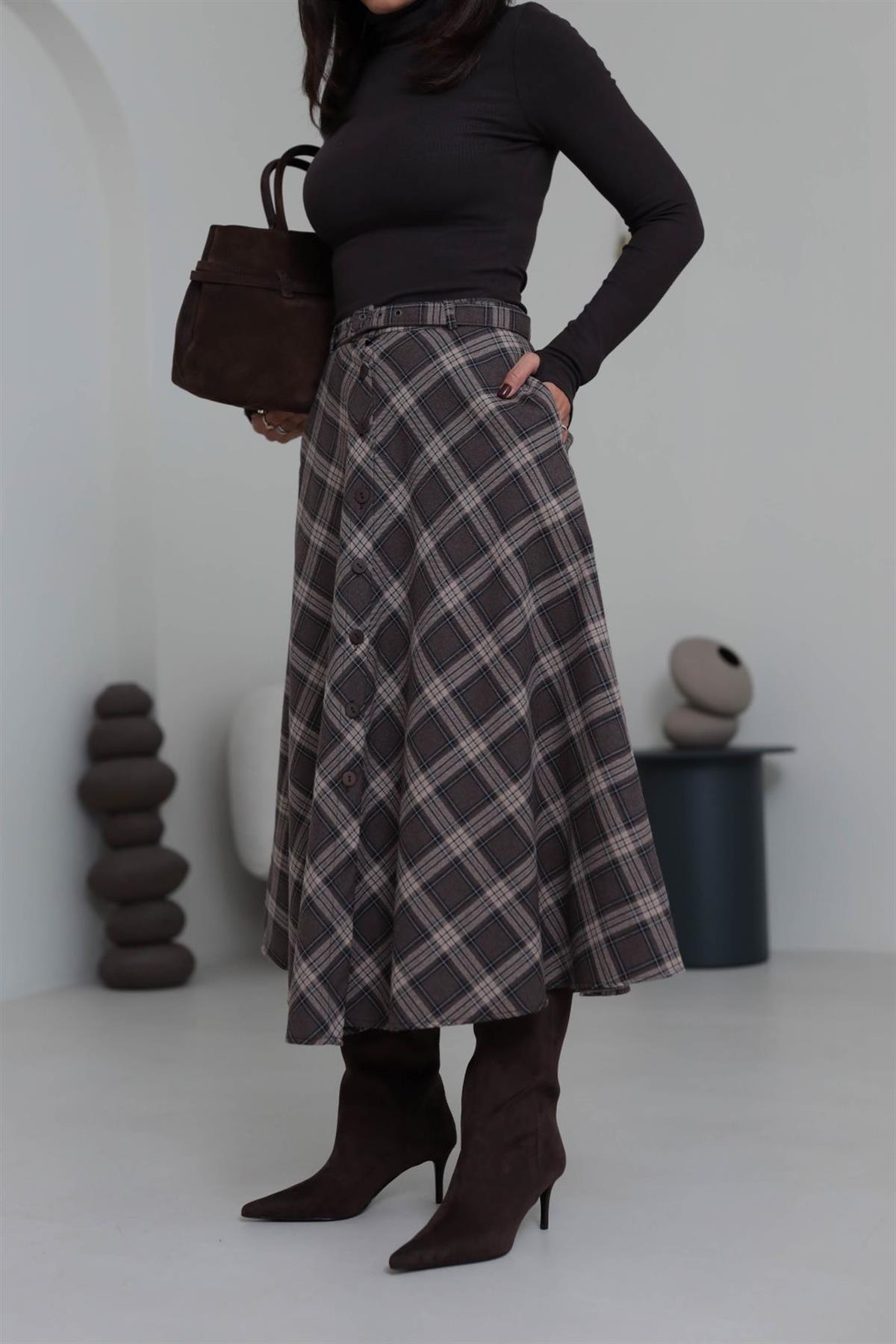 6977 Ön Düğme Detaylı Ekose Çan Etek KAHVE