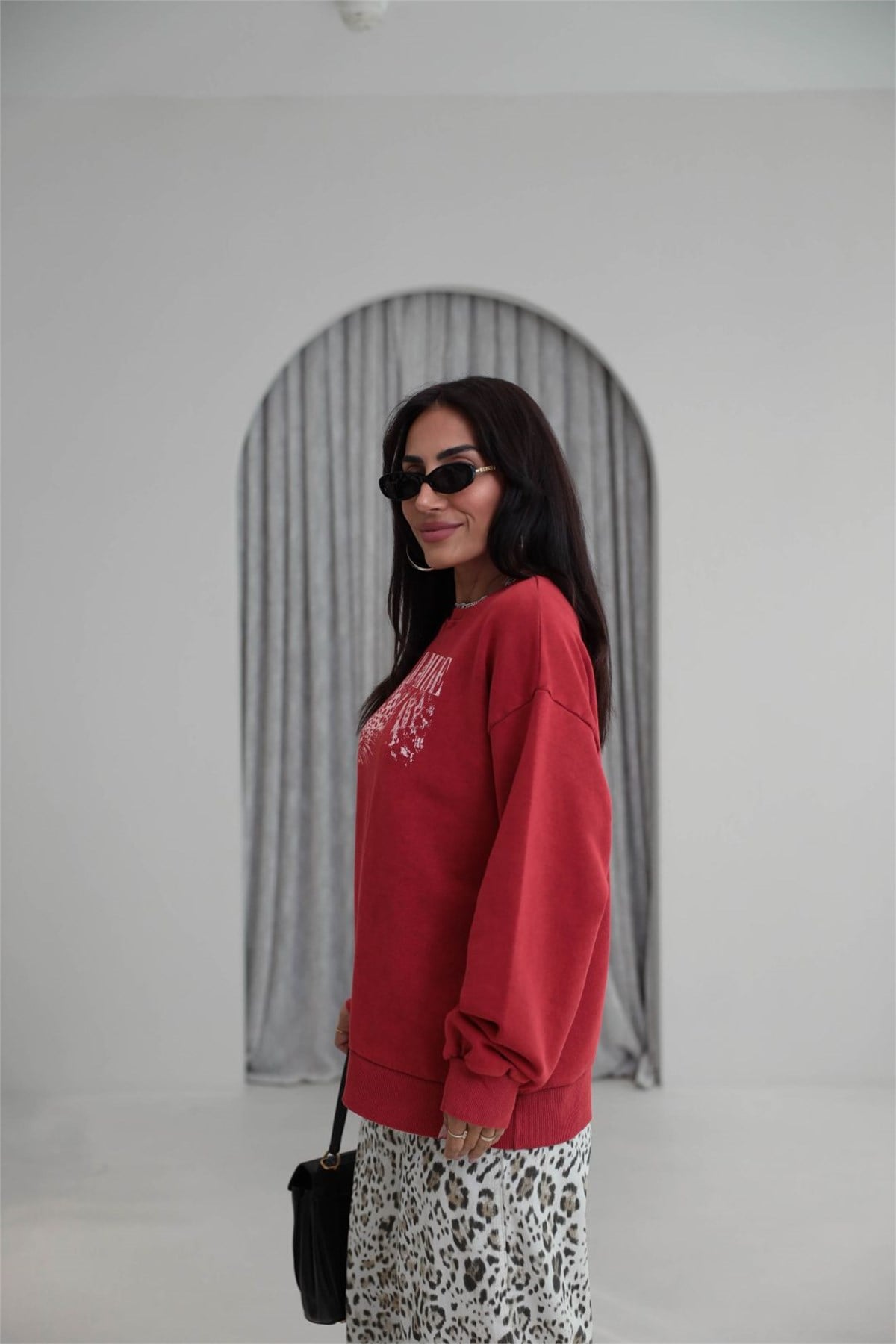 9106 Kaplan Baskılı Ribanalı İki İplik Sweatshirt KIRMIZI