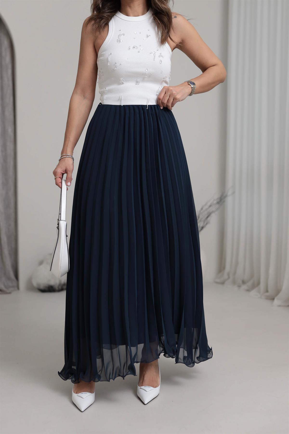 0287 Piliseli Şifon Maxi Etek LACİVERT