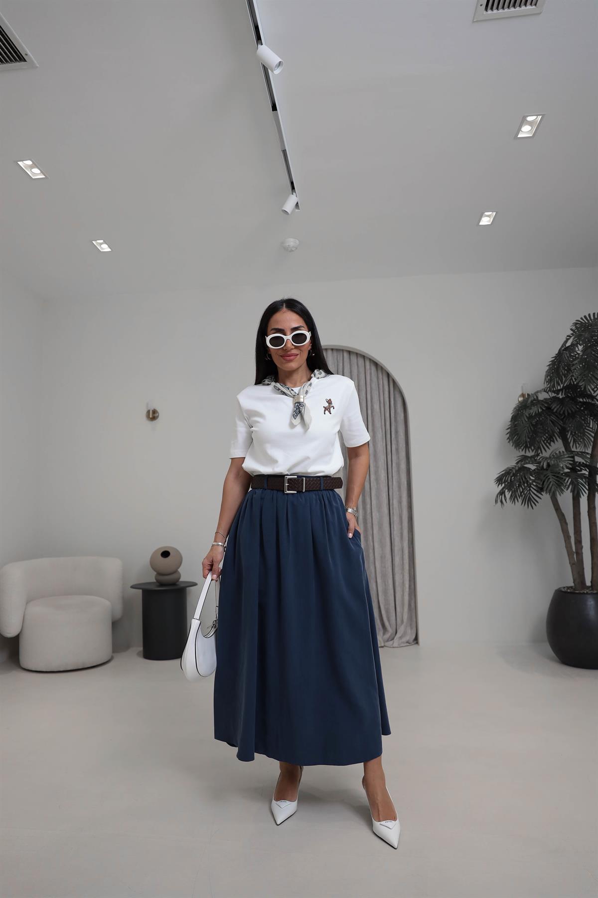 0727 Kemerli Tencel Etek Indigo