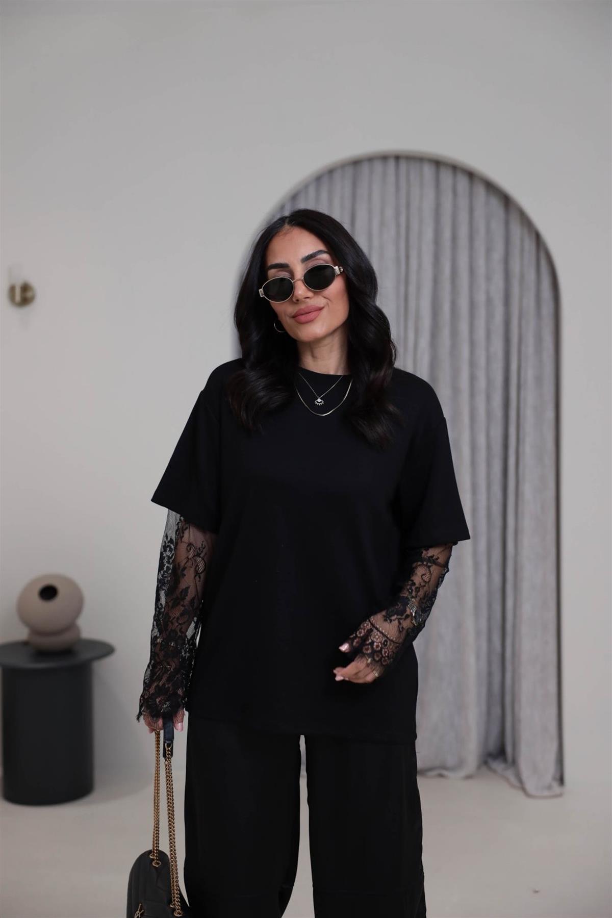 1049 Kolları Dantel Detaylı Modal Tshirt SİYAH