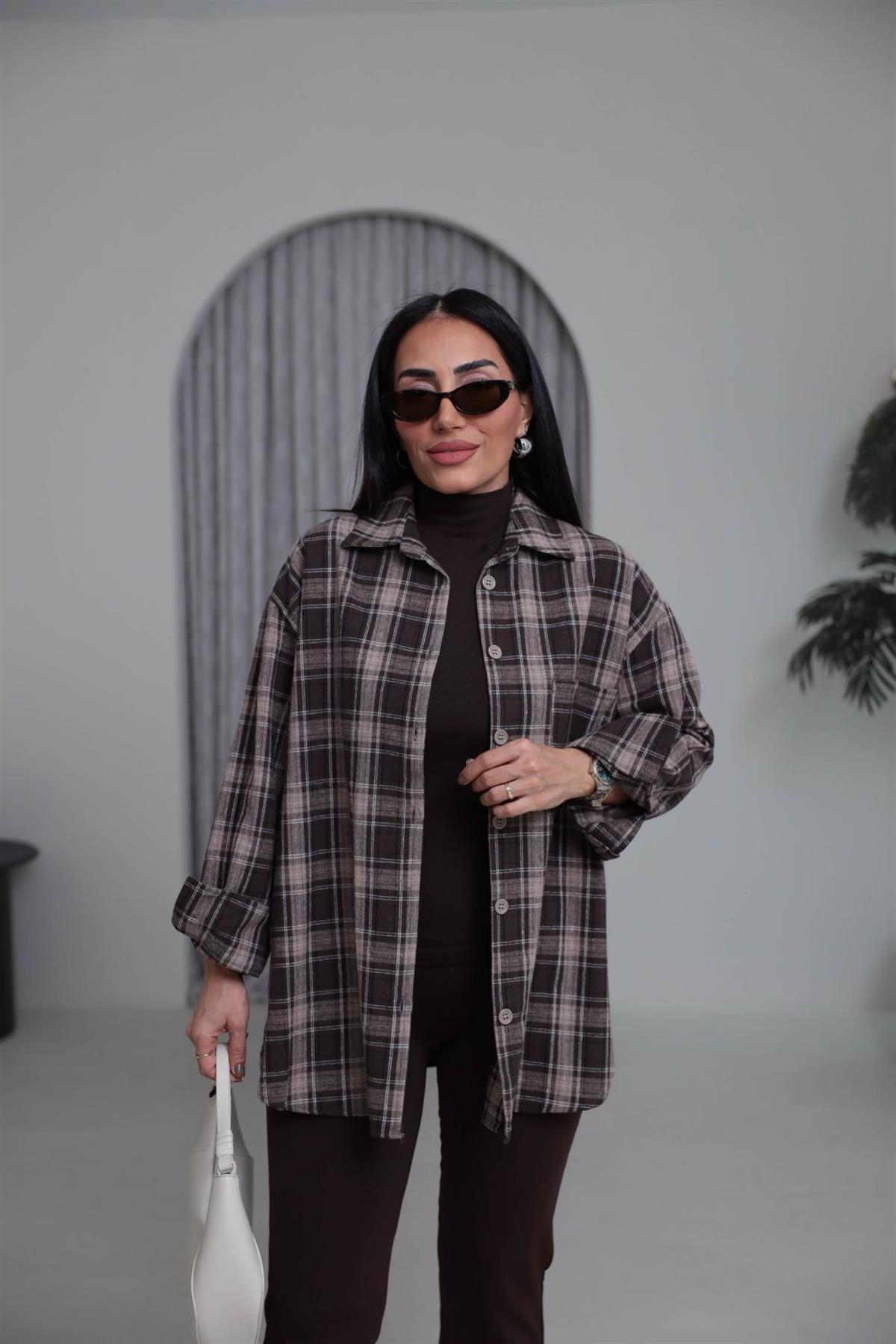 513 Ekose Desen Yünlü Rahat Gömlek KAHVE