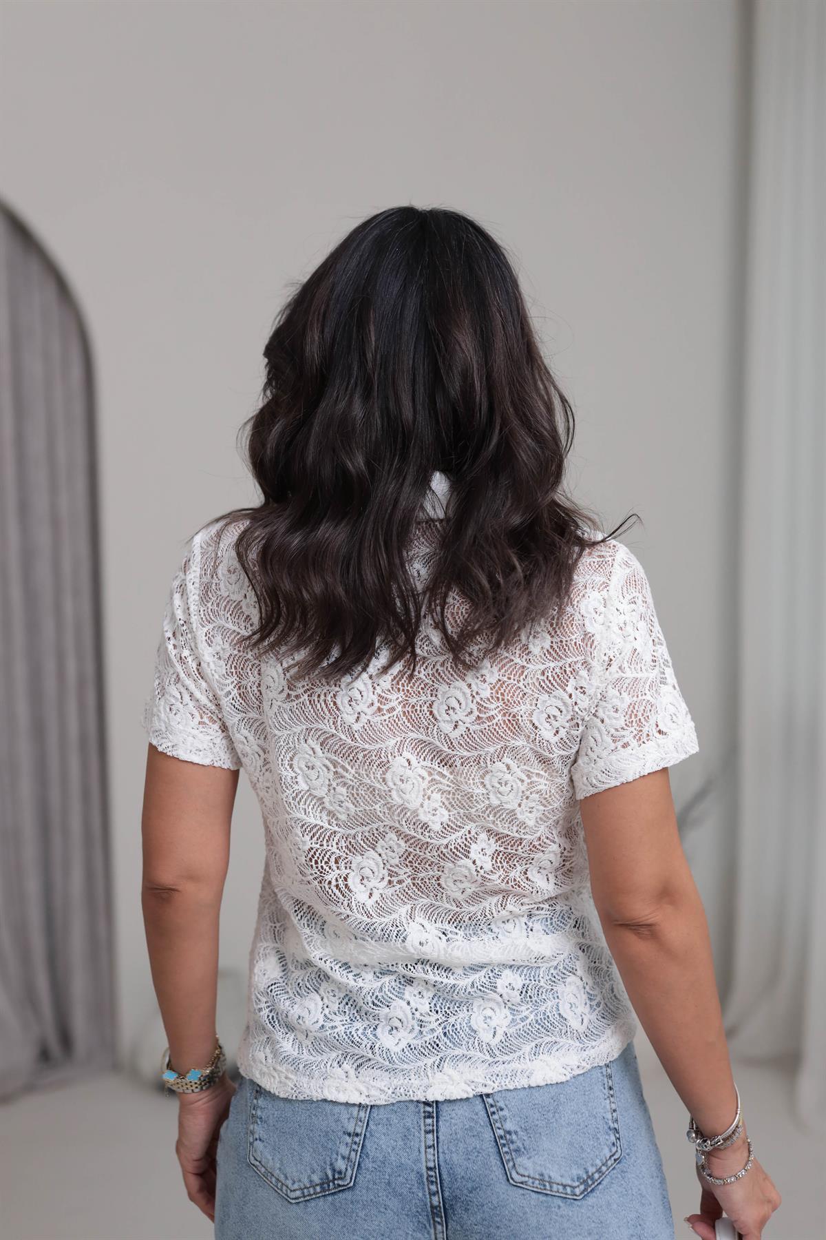 9964 Polo Yaka Dantel Bluz EKRU