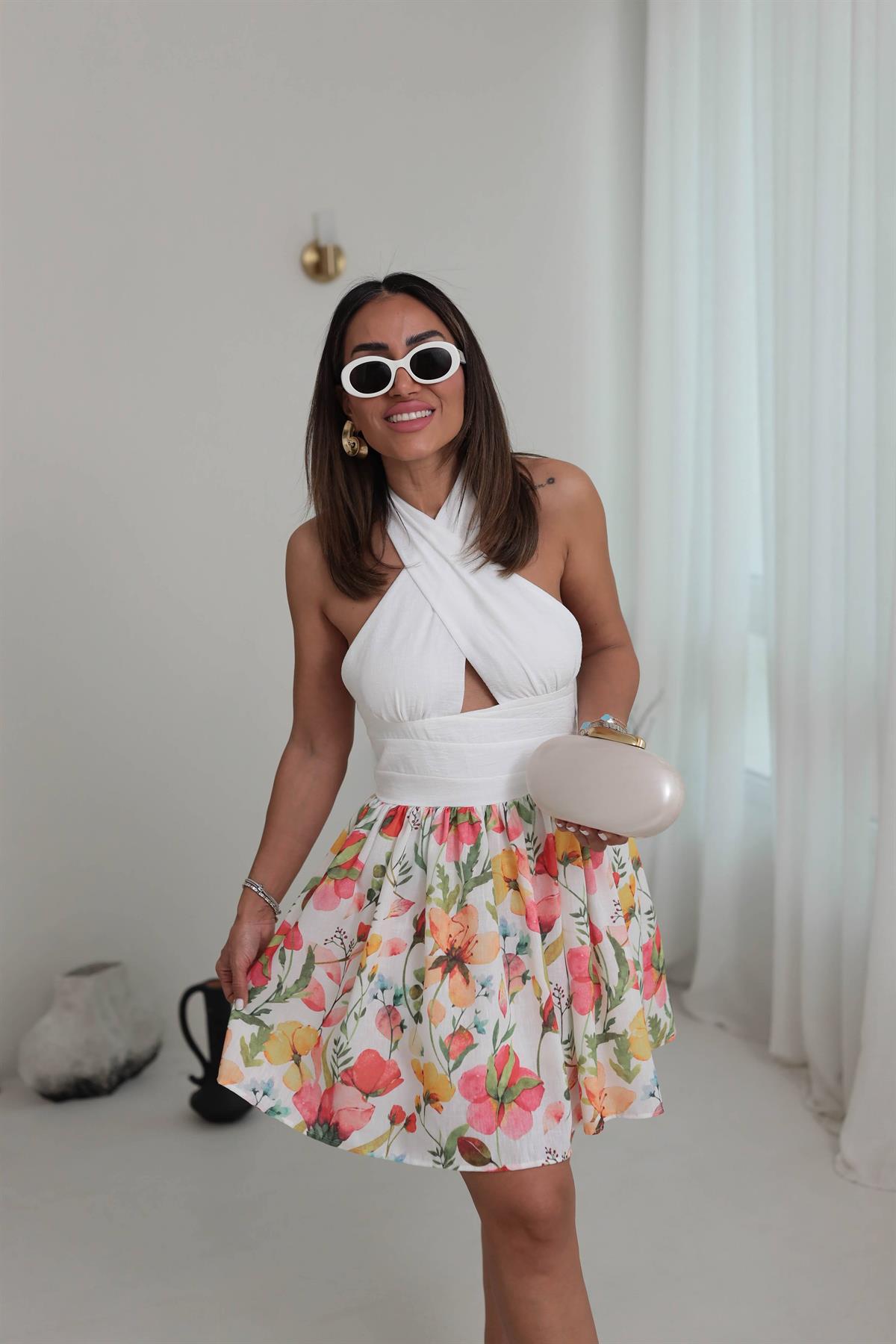 6418 Tasarım Boyundan Bağlamalı Elbise EKRU