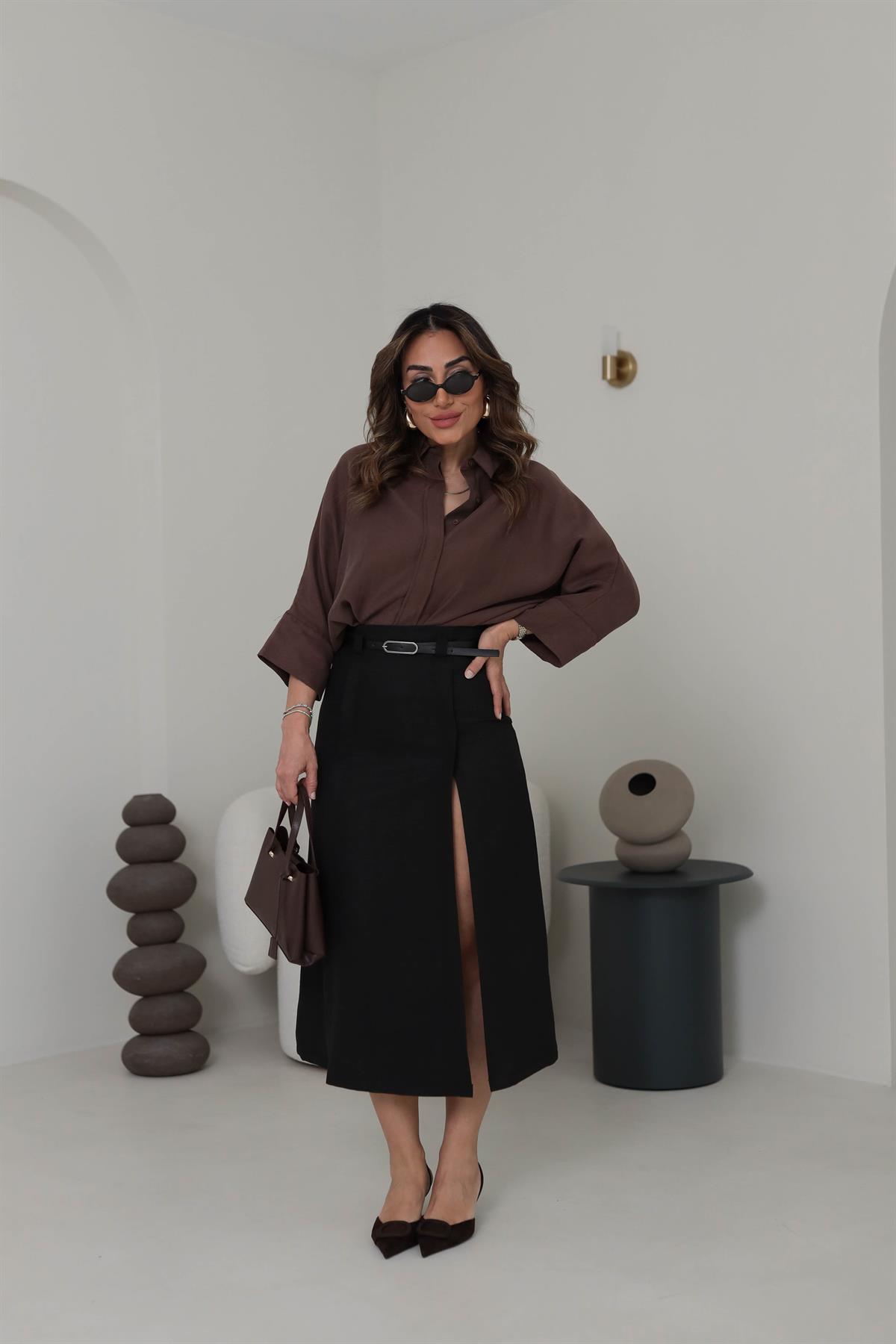 3440 Yarasa Kol Gizli Düğme Detaylı Rahat Gömlek KAHVE