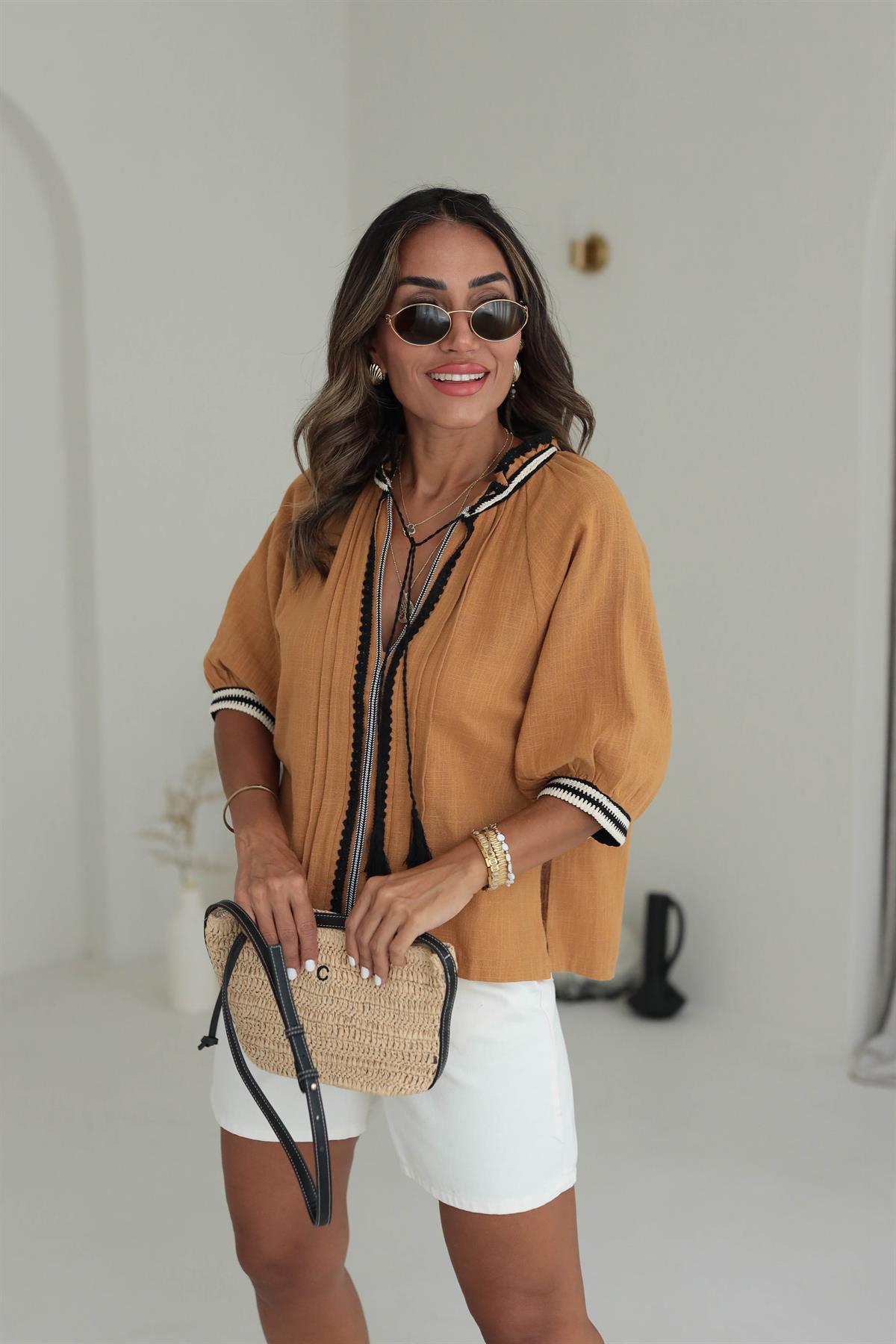 Hakim Yaka Önü Bağlamalı Örgü Detaylı Keten Bluz