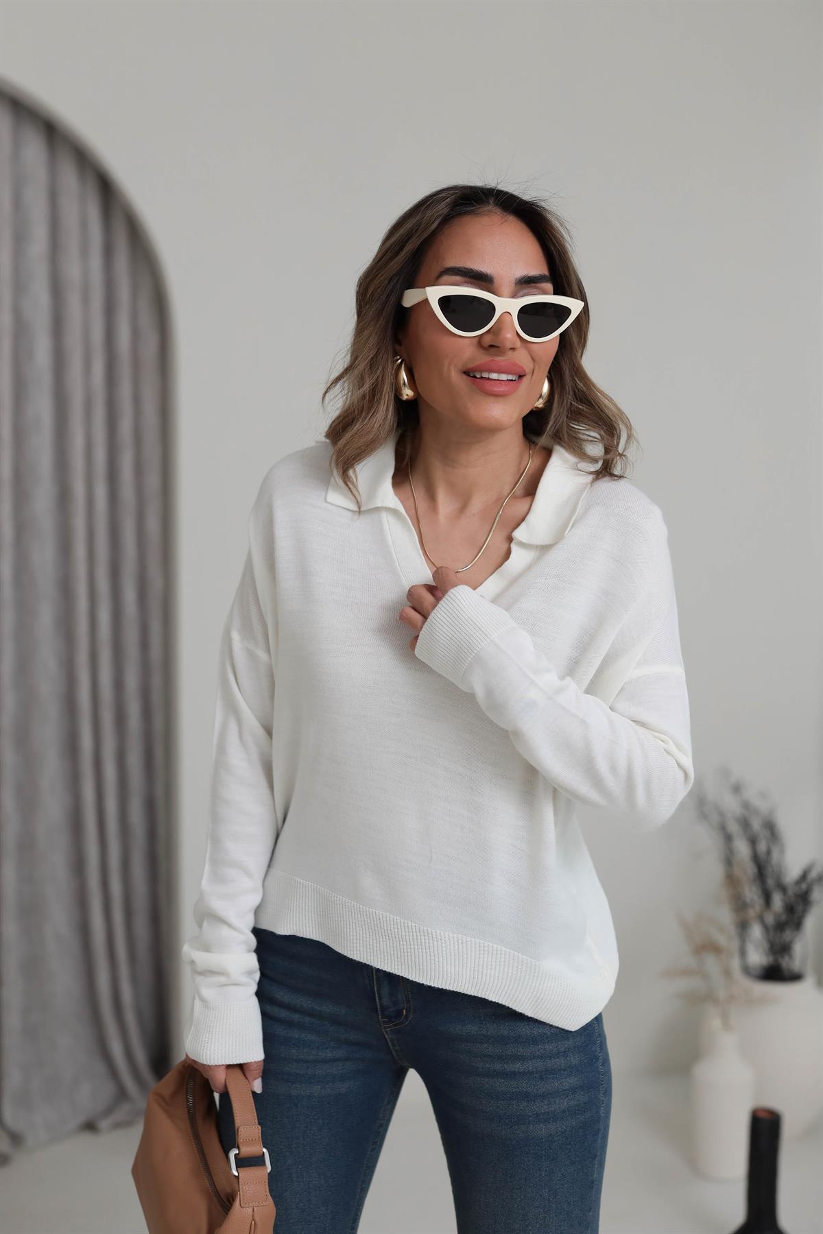 3215 Polo Yaka Mevsimlik Triko Bluz EKRU