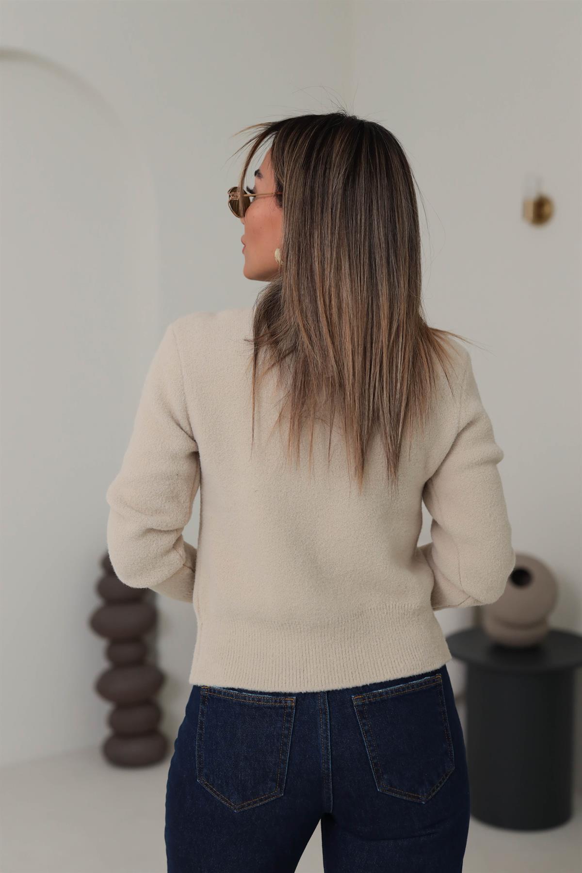 2436 Bisiklet Yaka Taş Düğmeli Yumoş Hırka BEJ