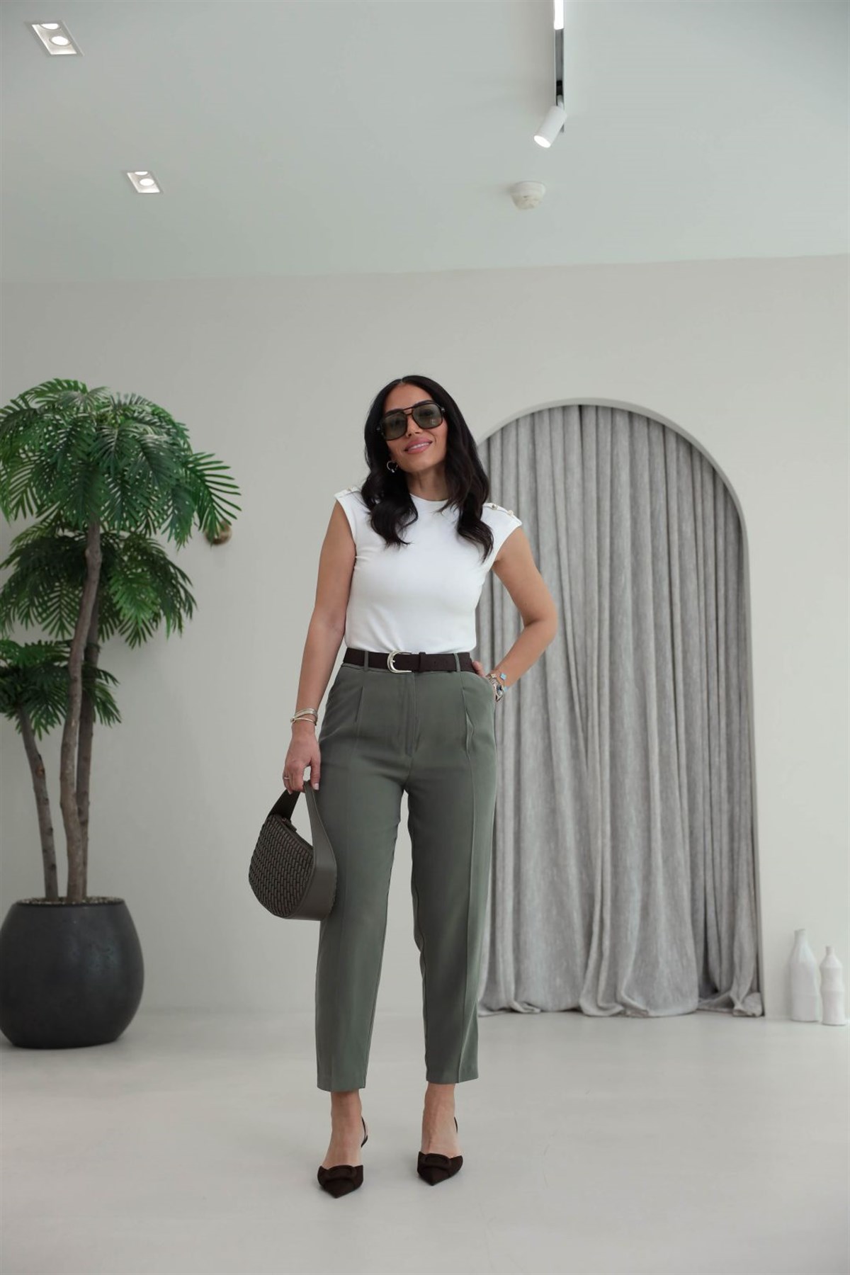 7544 Kemer Detaylı Tencel Kumaş Smart Pantolon HAKİ YEŞİL