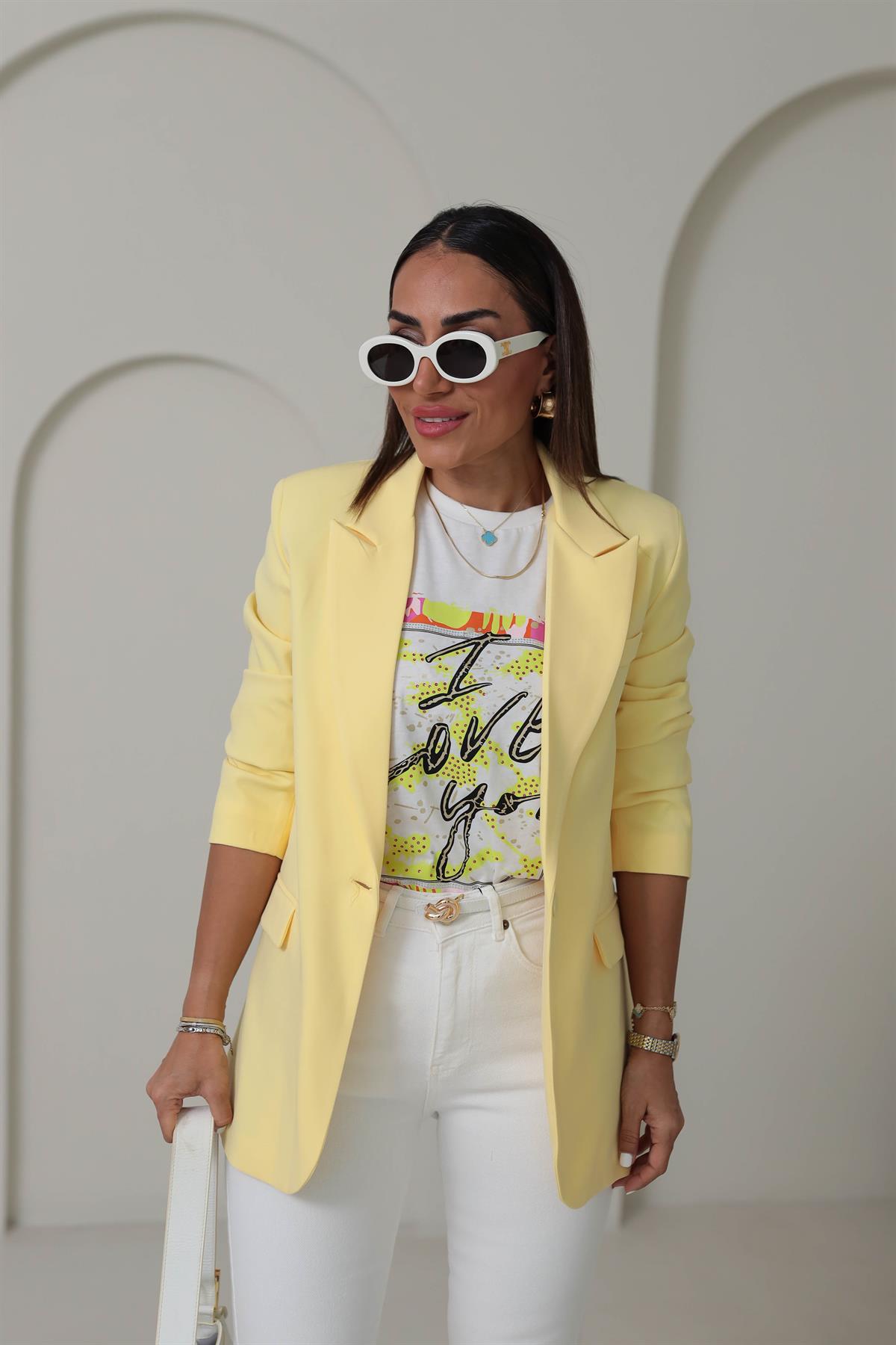 0873 Tek Düğmeli Vatkalı Blazer Ceket SARI