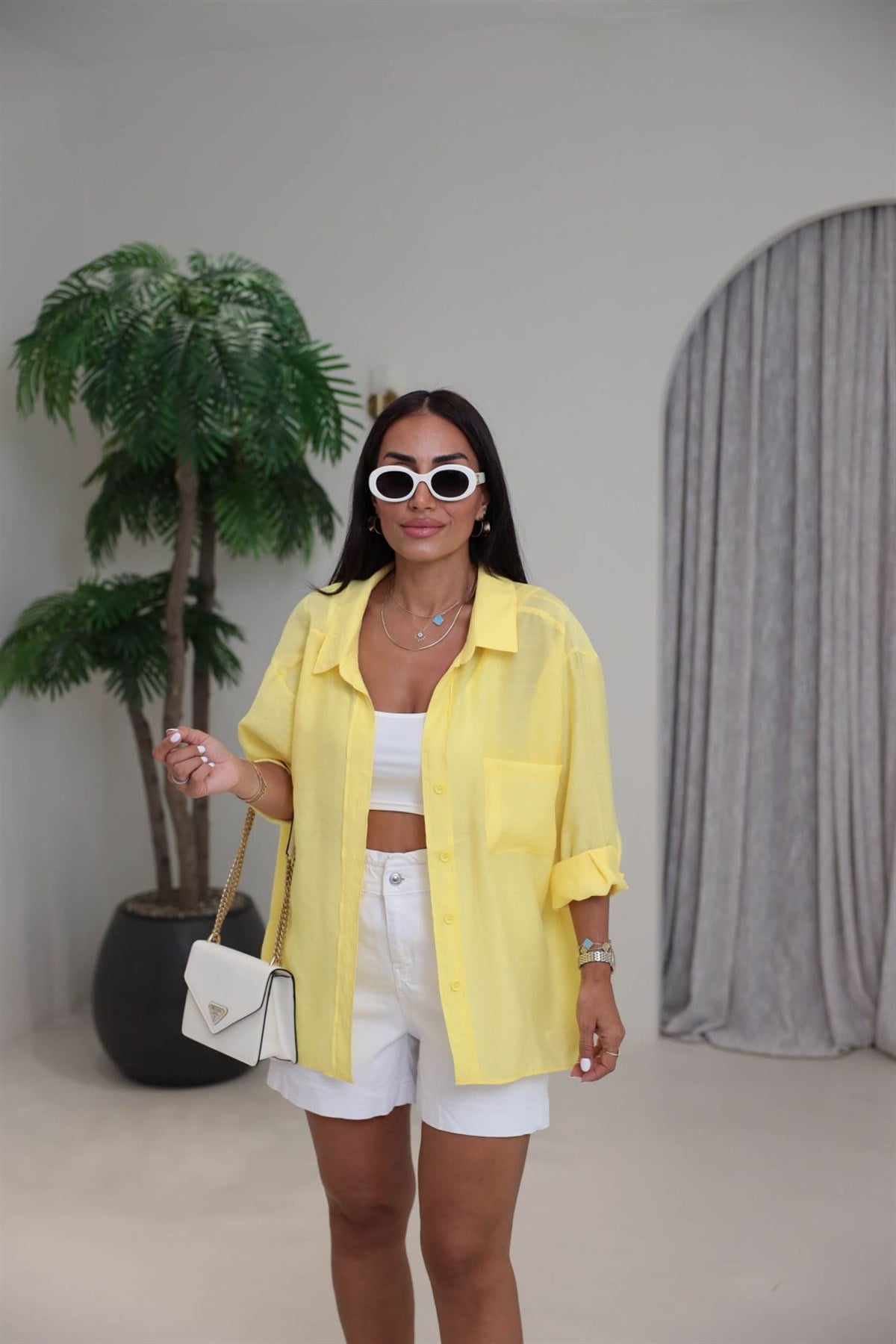 4612Y Tencel Omzu Düşük Oversize Gömlek Koyu Sarı