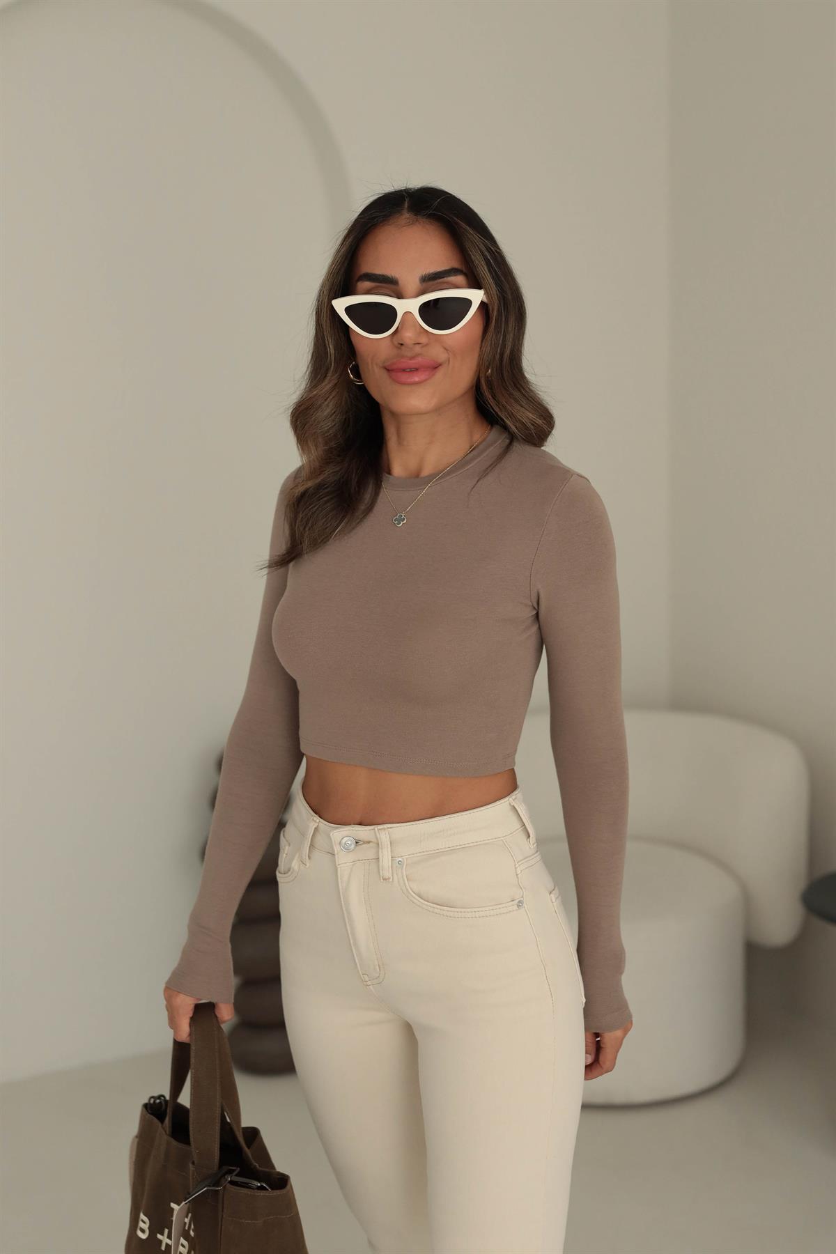 1236 Yumuşak Doku Uzun Kollu Bluz VİZON