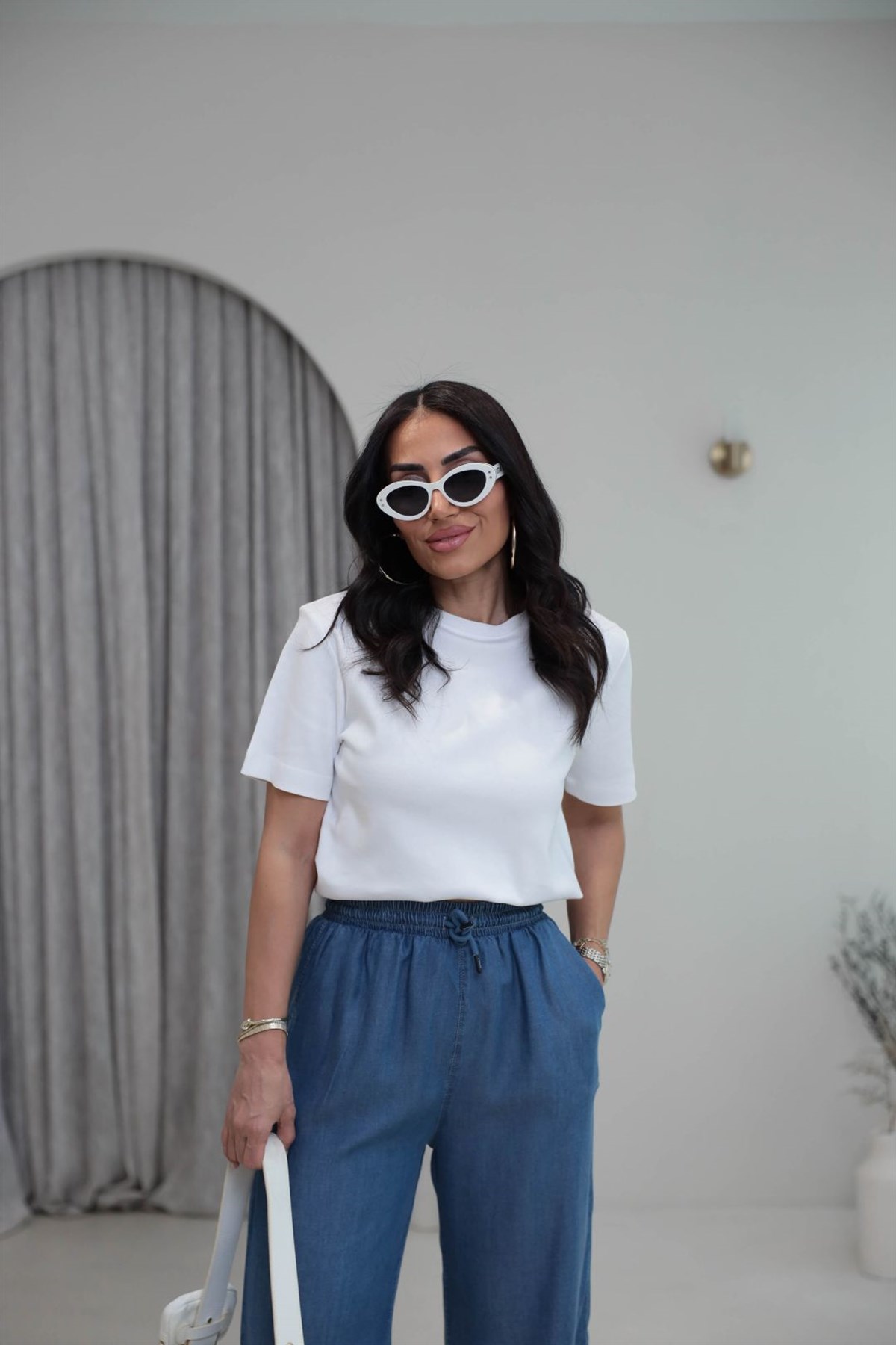 6074 Bisiklet Yaka Pamuklu Basic Tshirt BEYAZ