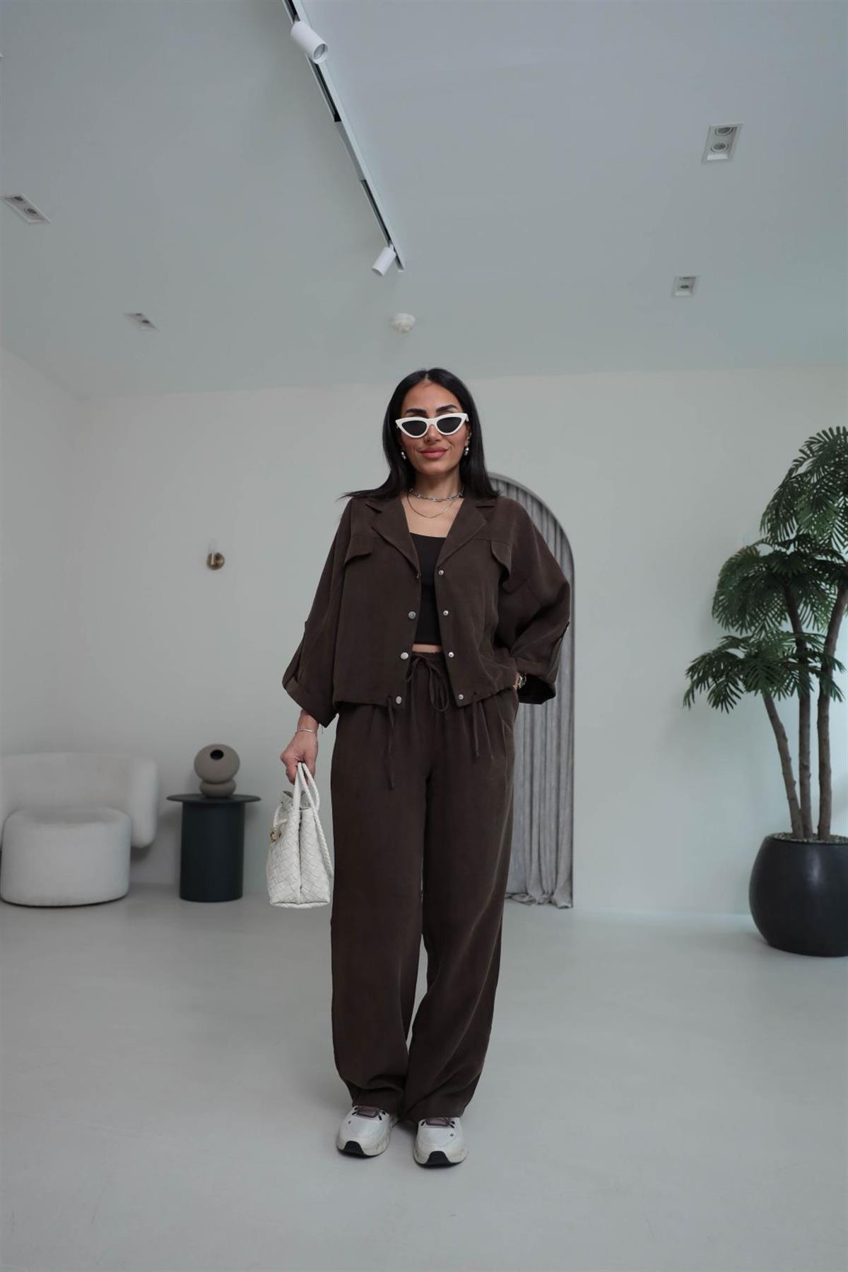 T0666 Tasarım Gabardin Tencel Takım KAHVE