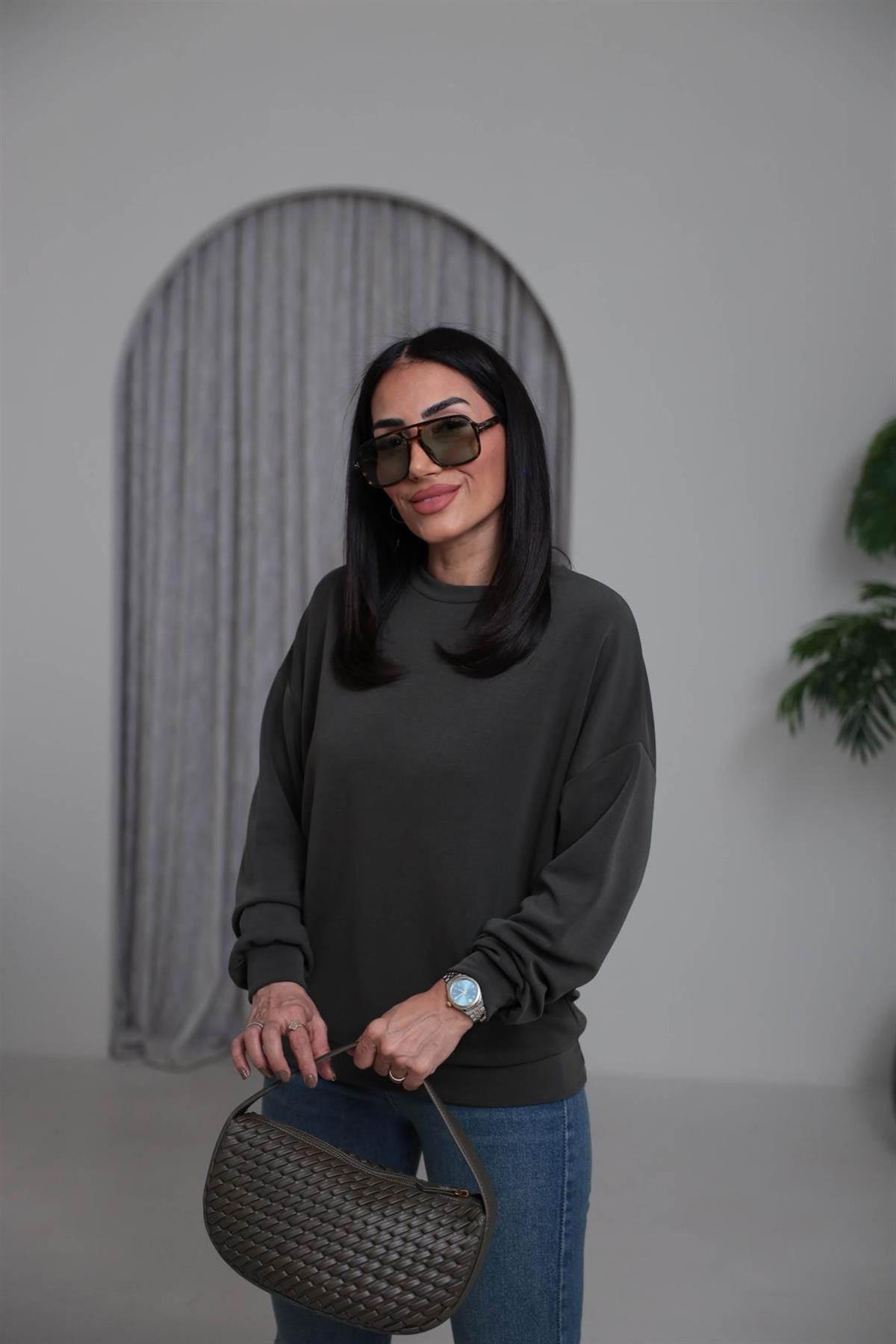 2028 Bisiklet Yaka Modal Sweatshirt HAKİ YEŞİL