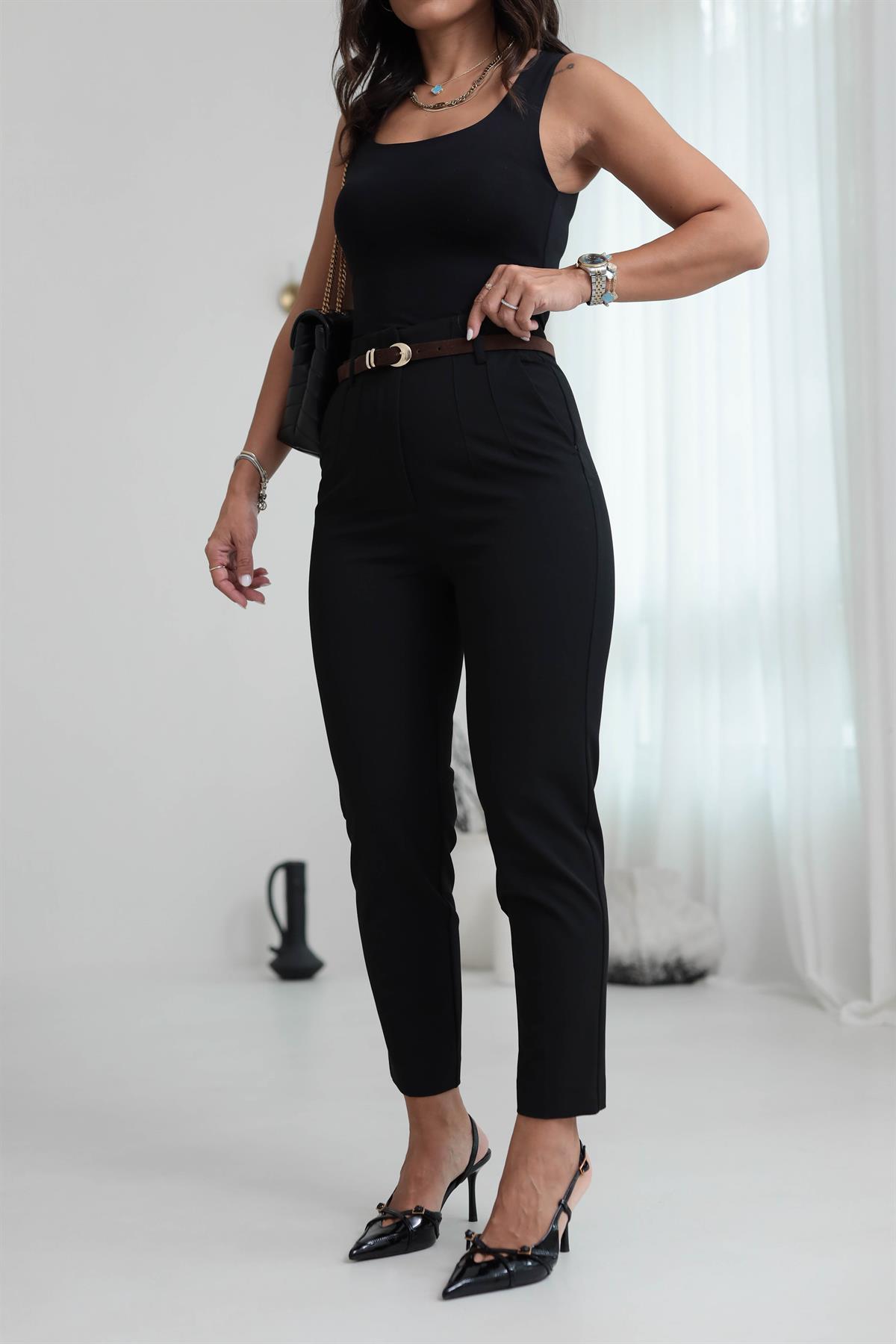 2181 Kemerli Yüksek Bel Pantolon SİYAH