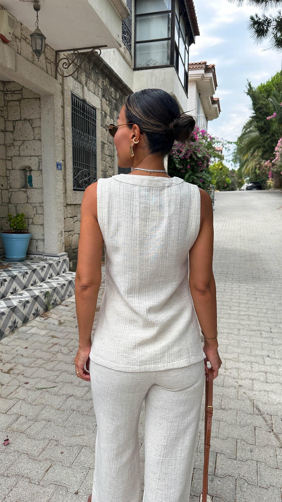 6335 Keten Önü Düğmeli Yelek