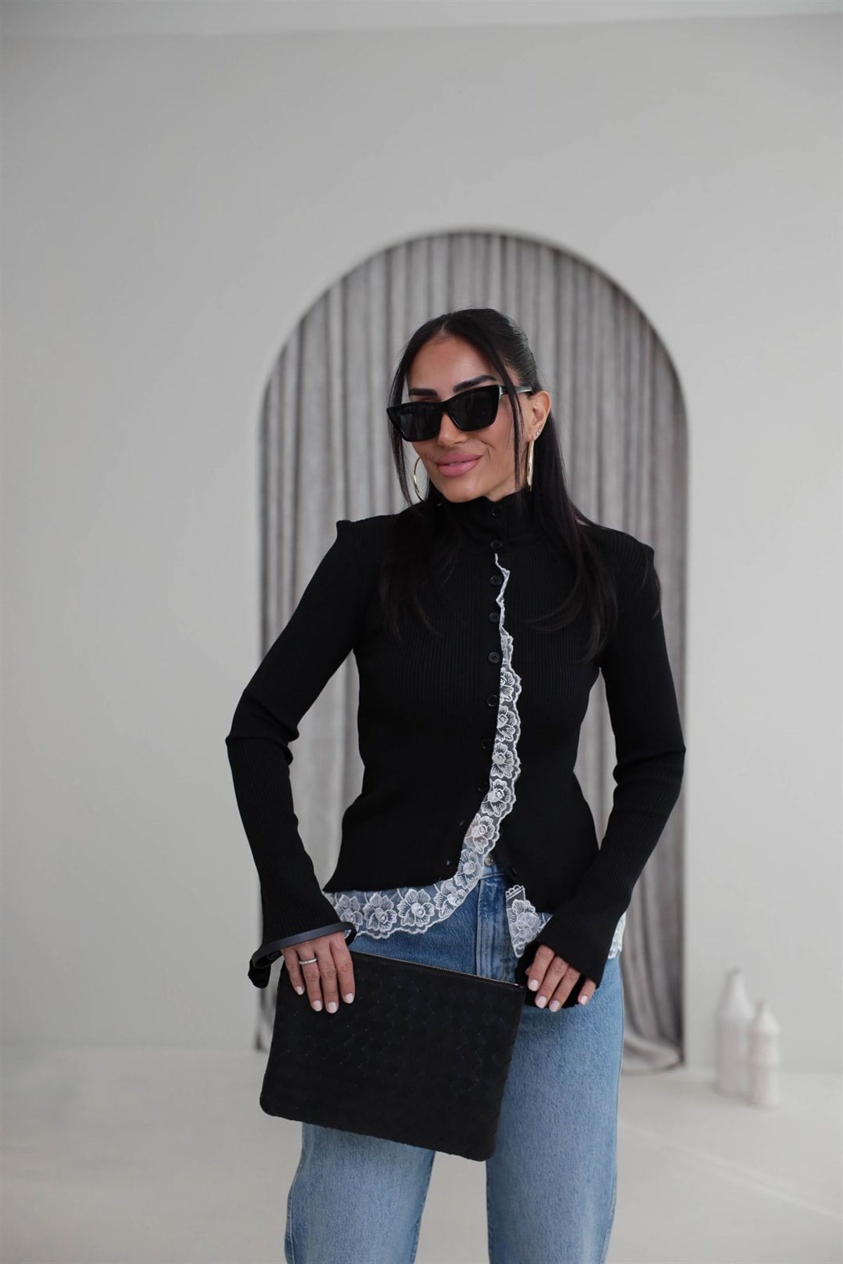 Yarım Balıkçı İspanyol Kol Güpürlü Hırka SİYAH