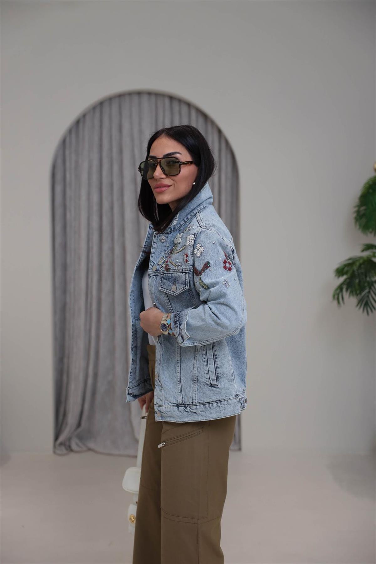 5896 Gömlek Yaka Taşlı İşlemeli Denim Ceket AÇIK MAVİ