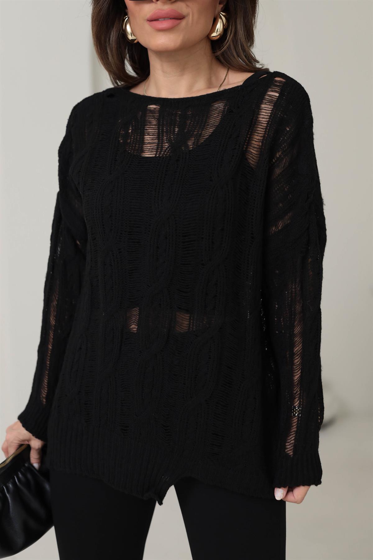 4134 Saç Örgülü Ajurlu Triko SİYAH