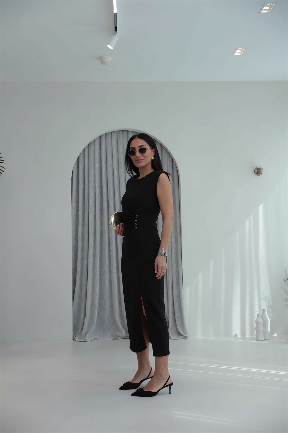 3870 Sıfır Kol Vatkalı Drapeli Elbise SİYAH