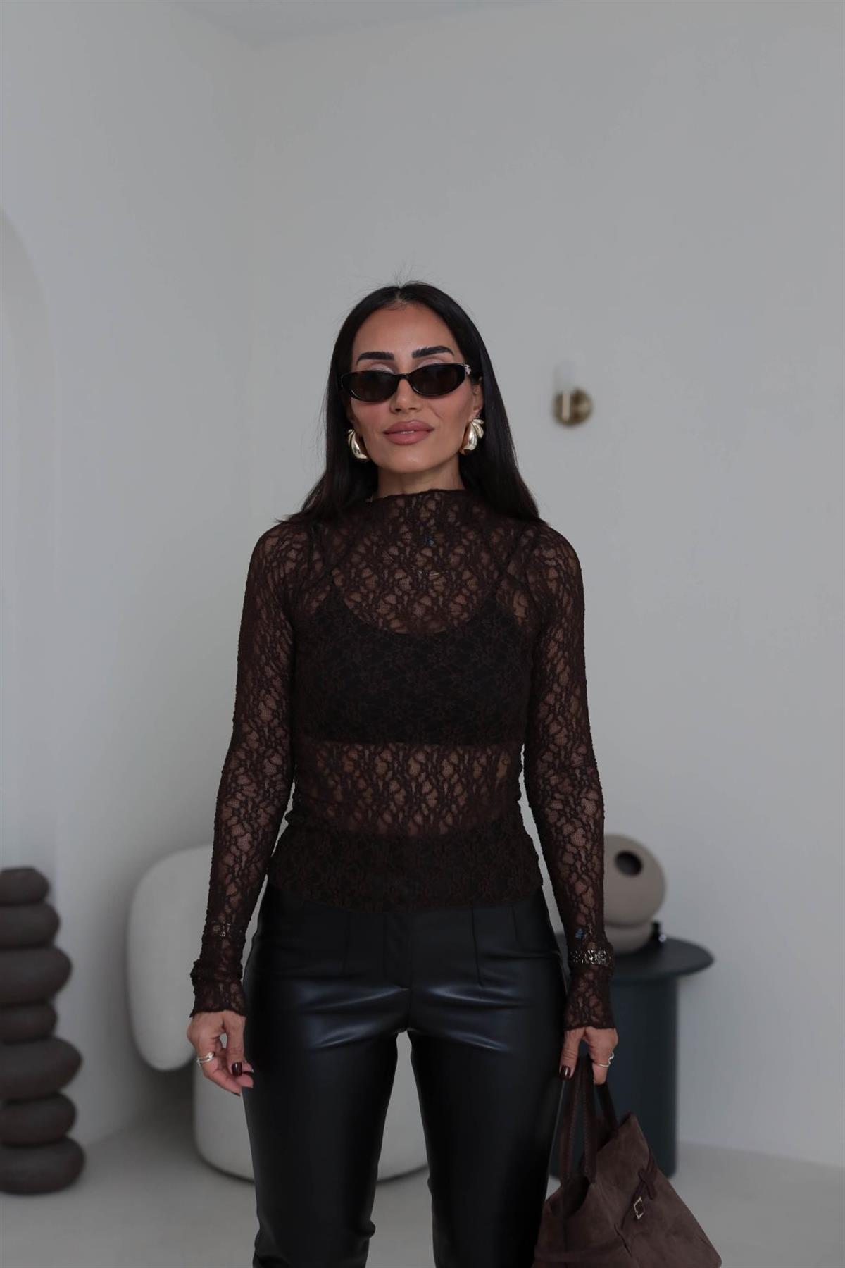 1013 Uzun Kollu Dantel Bluz ACI KAHVE