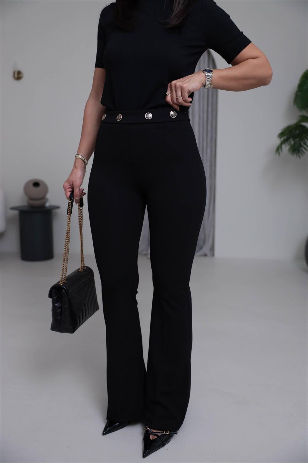 7068 Belden Düğmeli Yüksek Bel Likralı İspanyol Pantolon SİYAH