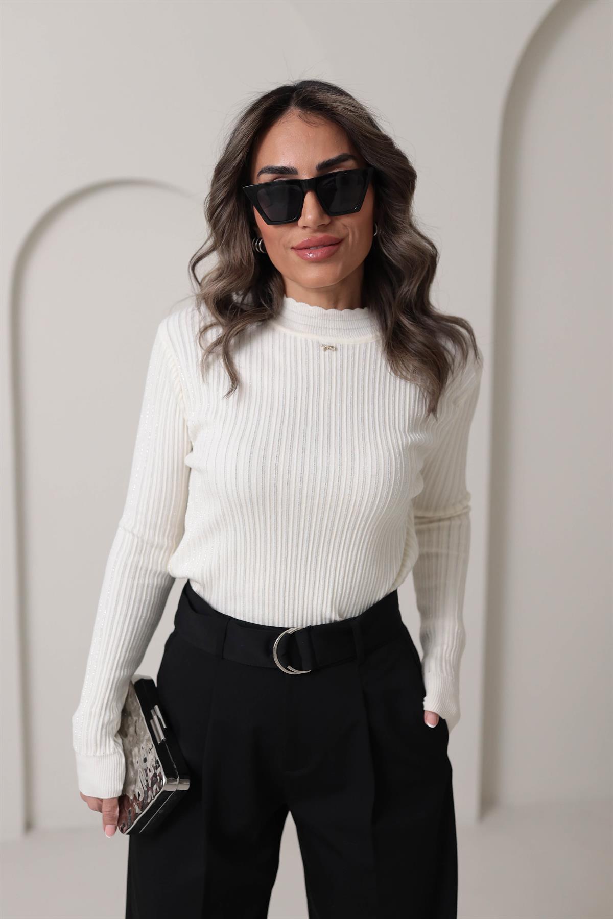 0249 Fitilli Sim İplikli Kurdele Detaylı Triko EKRU