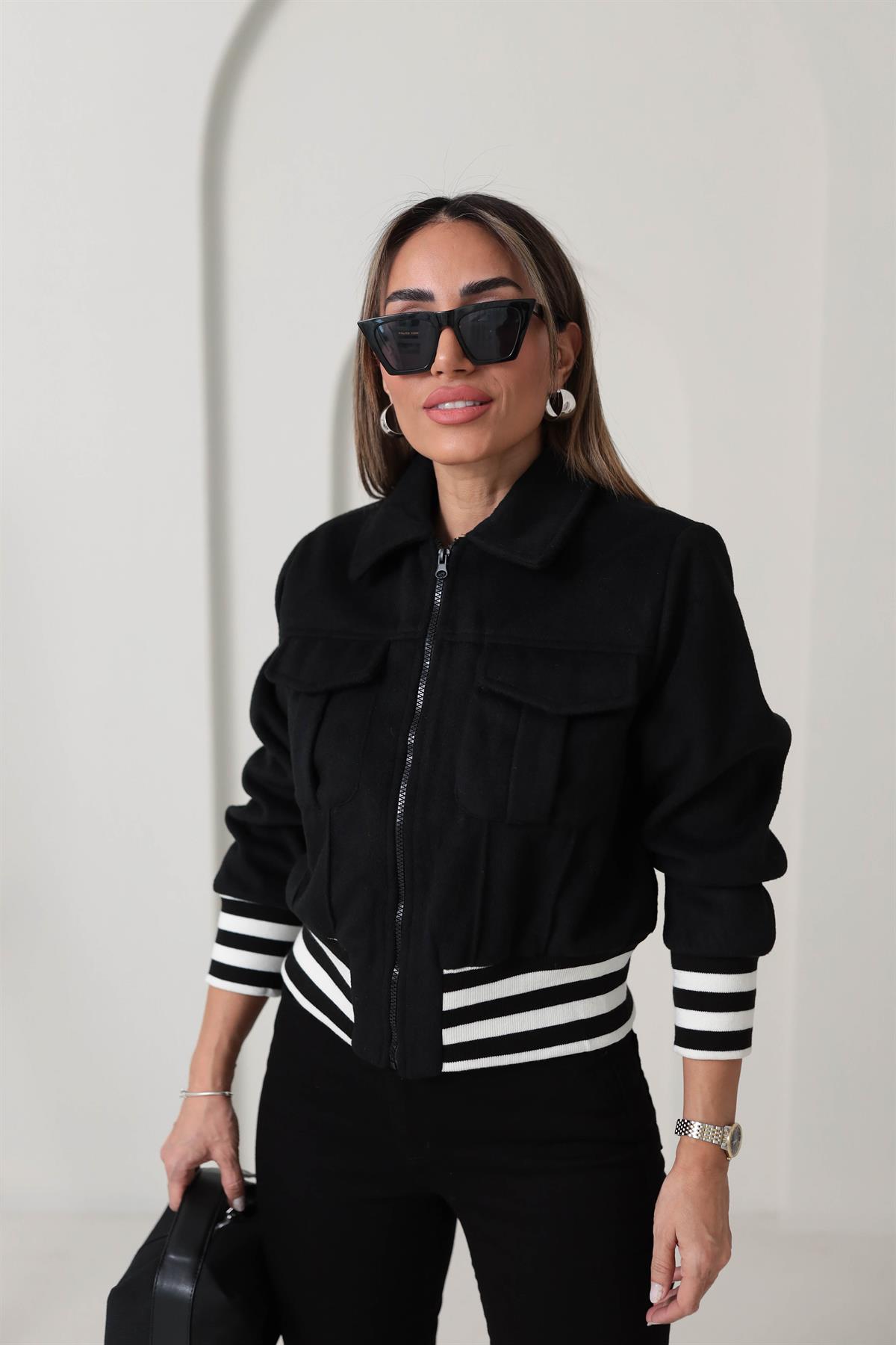 3615 Siyah Beyaz Ribanalı Kaşe Bomber SİYAH