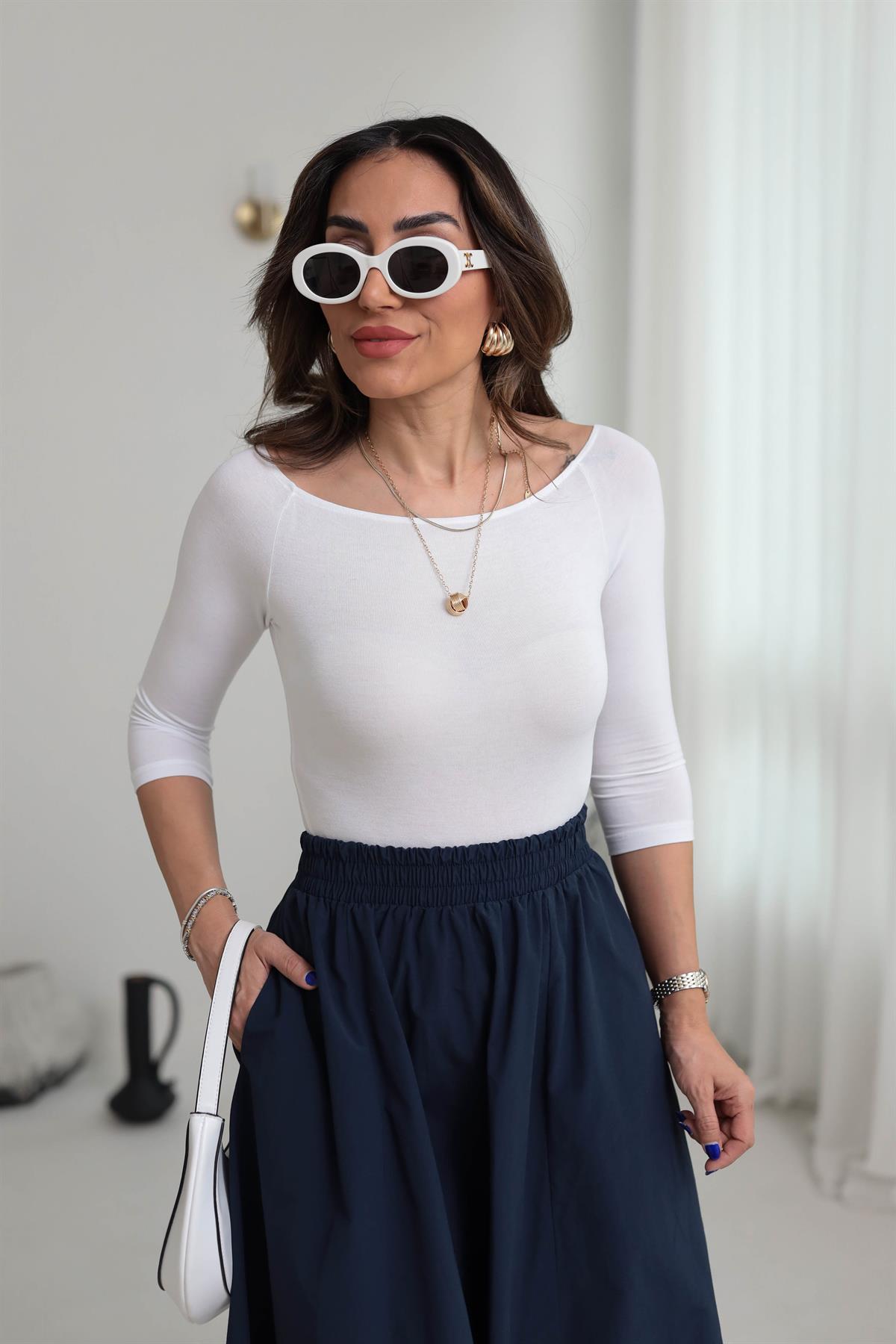 0816 Kayık Yaka Bodysuit BEYAZ