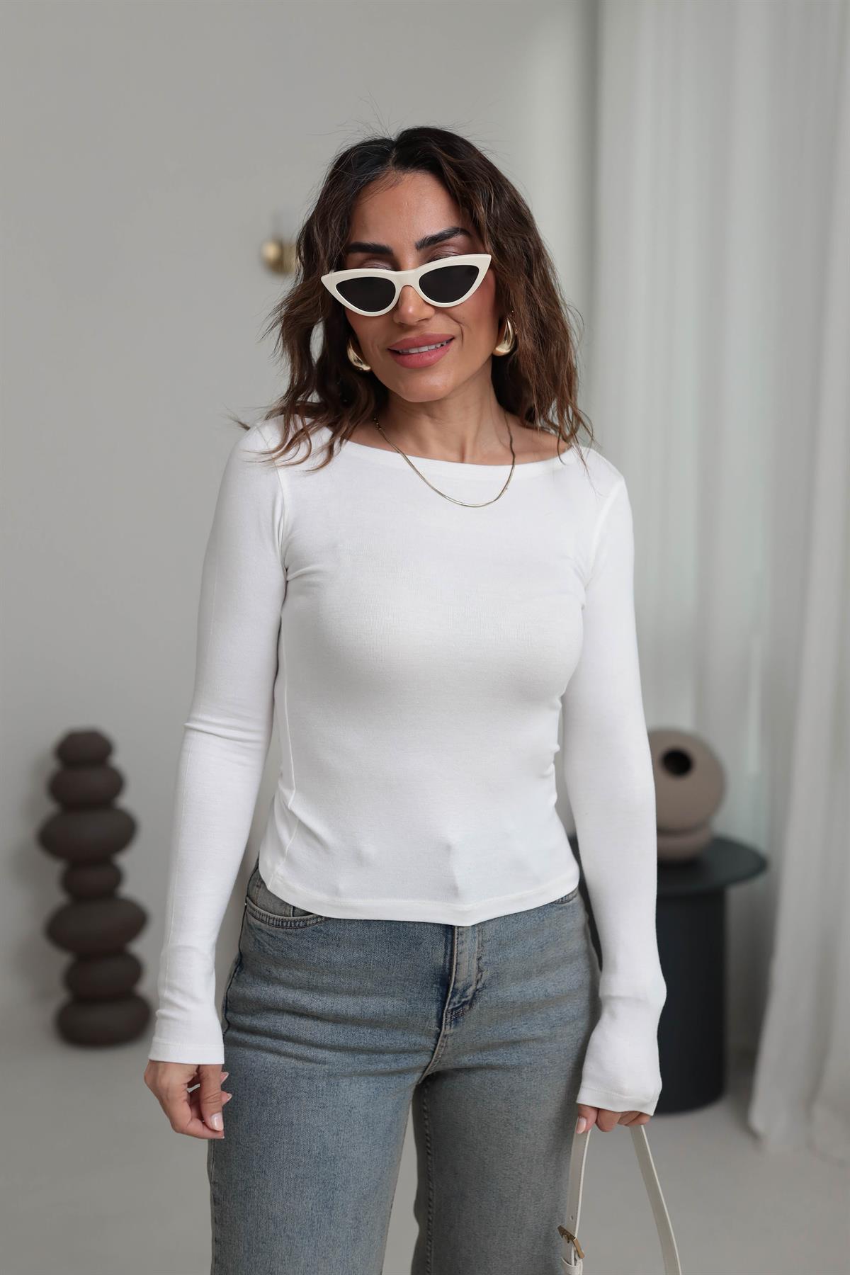 1025 Geniş Yaka Modal Bluz EKRU