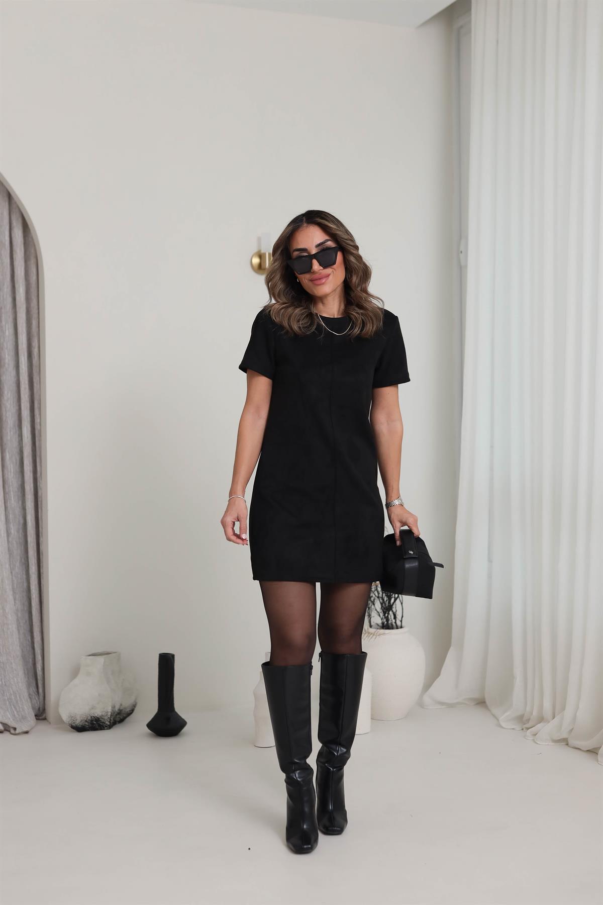 0196 Ön Dikiş Detay Süet Elbise SİYAH