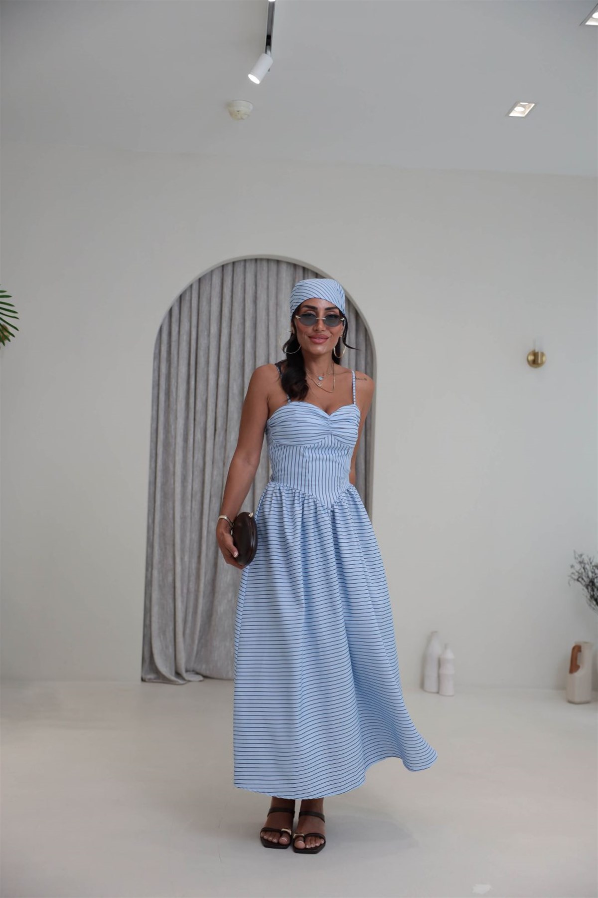 4058 Çizgili Bandana Detaylı Elbise MAVİ