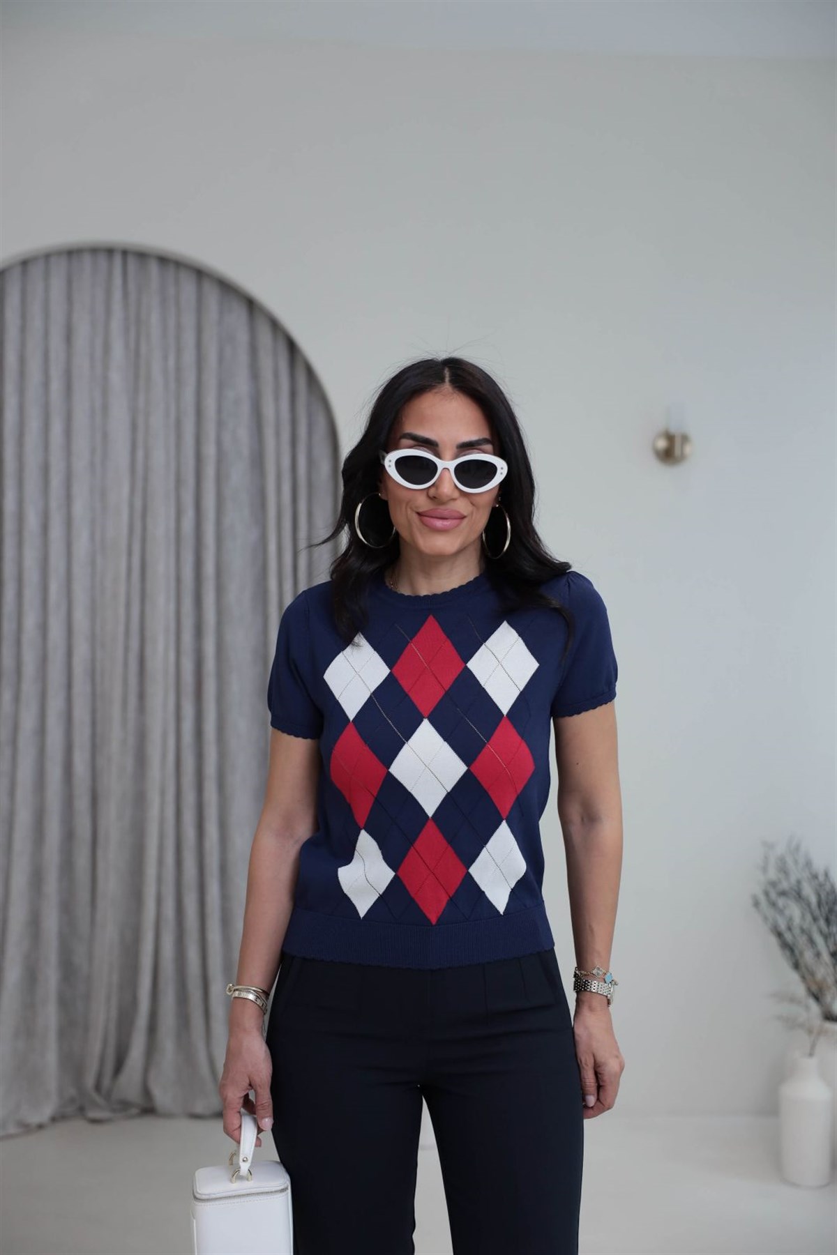 0617 Baklava Desenli Rayon Triko Bluz LACİVERT