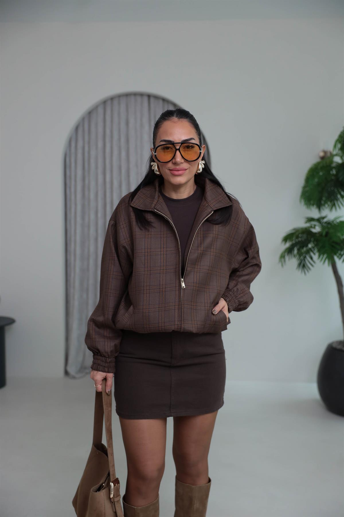 6969 Fermuarlı Bel Lastikli Ekose Desen Bomber KAHVE