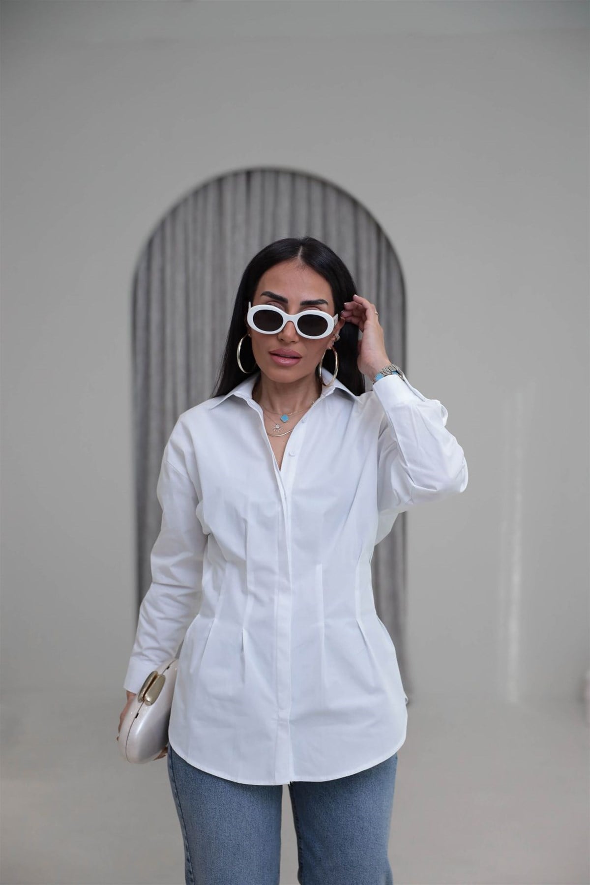 3013 Belden Oturtmalı Poplin Gömlek BEYAZ