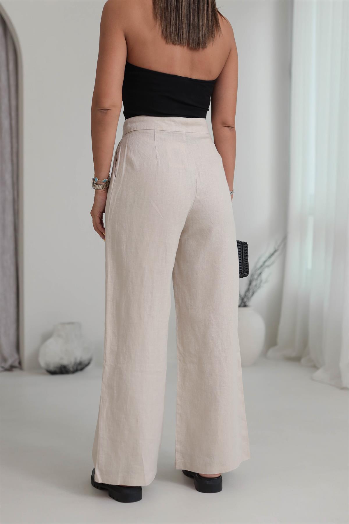 1448 Yüksek Bel Bol Paça Ham Keten Palazzo Pantolon TAŞ