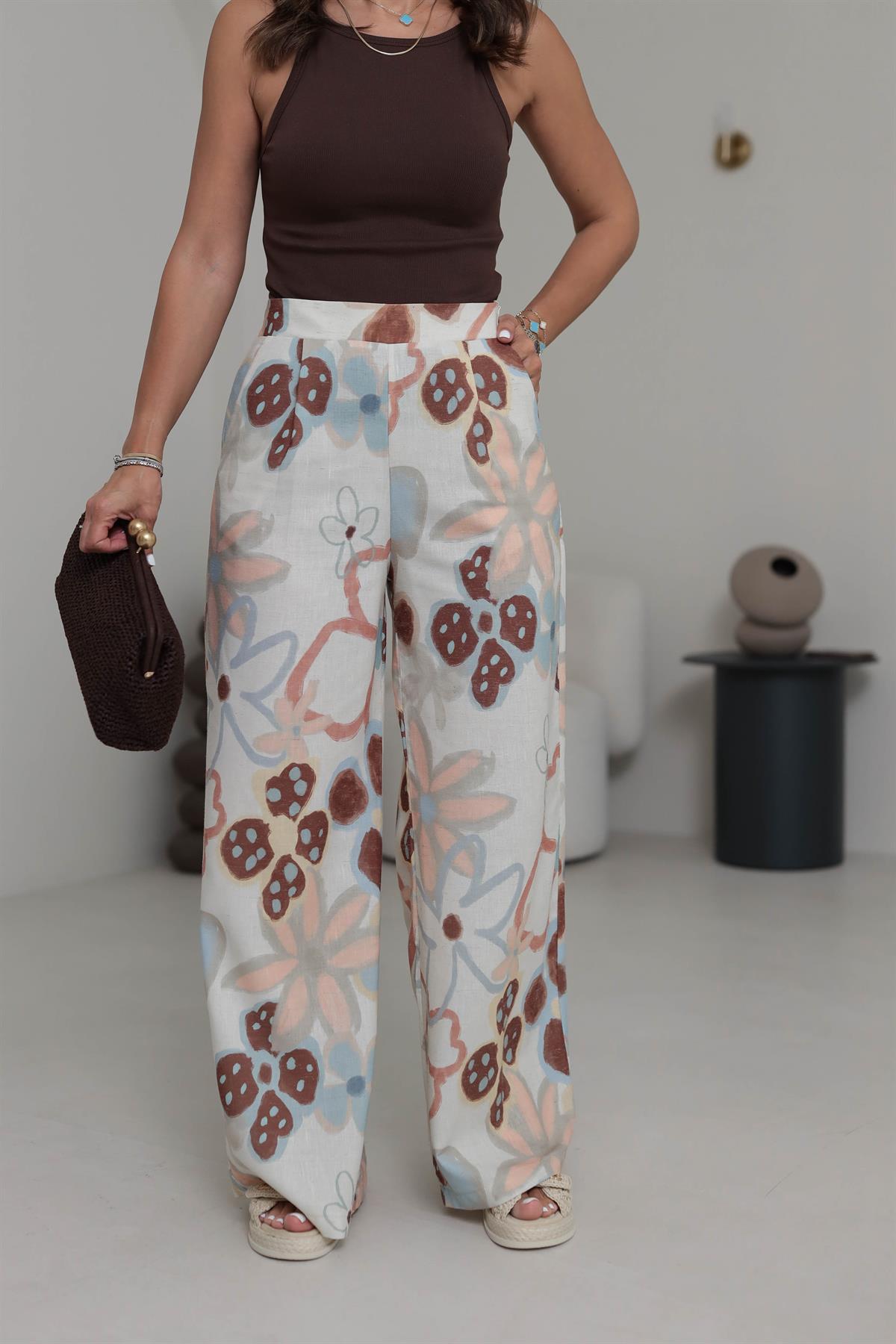 0436 Floral Desen Arka Bel Lastikli Keten Pantolon BEJ