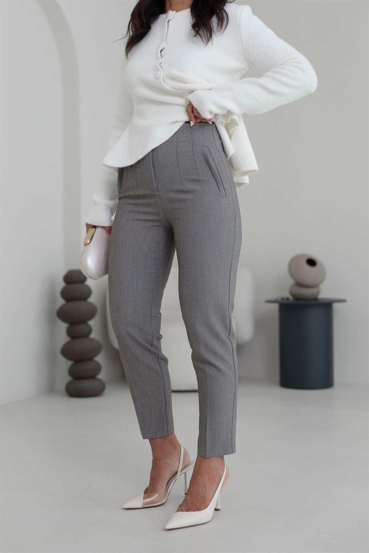 U5113-K Önü Flotalı Kumaş Pantolon GRİ MELANJ