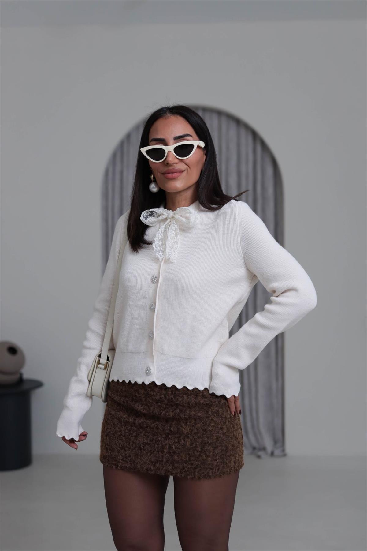 1088 Dantel Fularlı Triko Hırka KREM