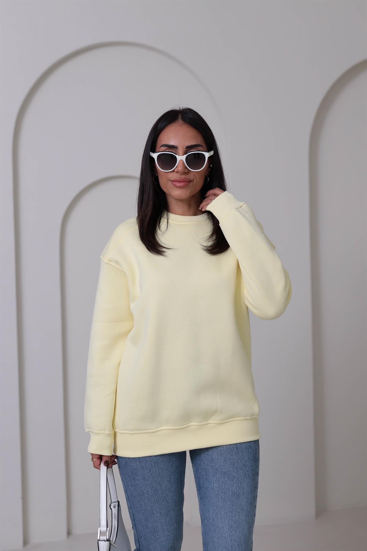 7912 Bisiklet Yaka Şardonlu Sweatshirt SARI