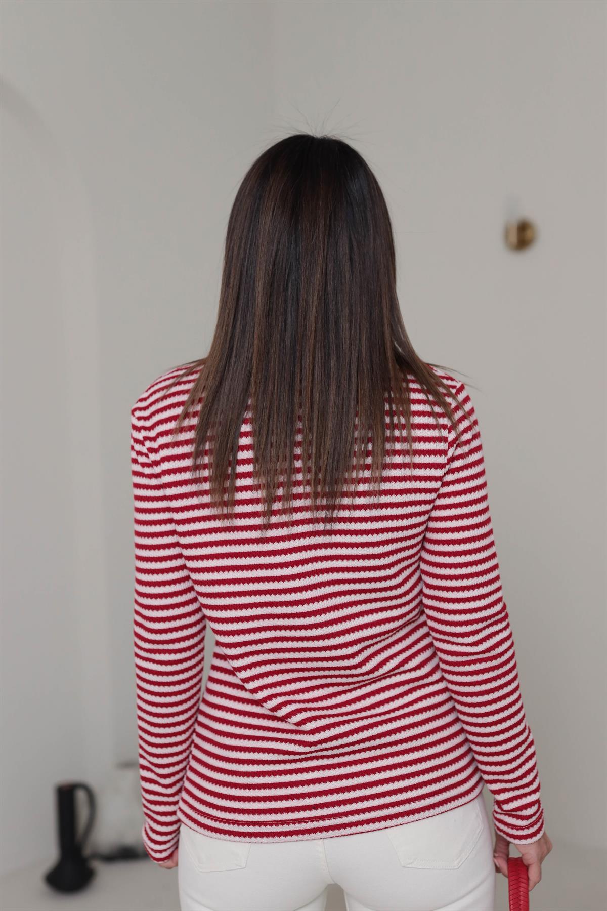 3090 Çizgili Bisiklet Yaka Triko Bluz KIRMIZI