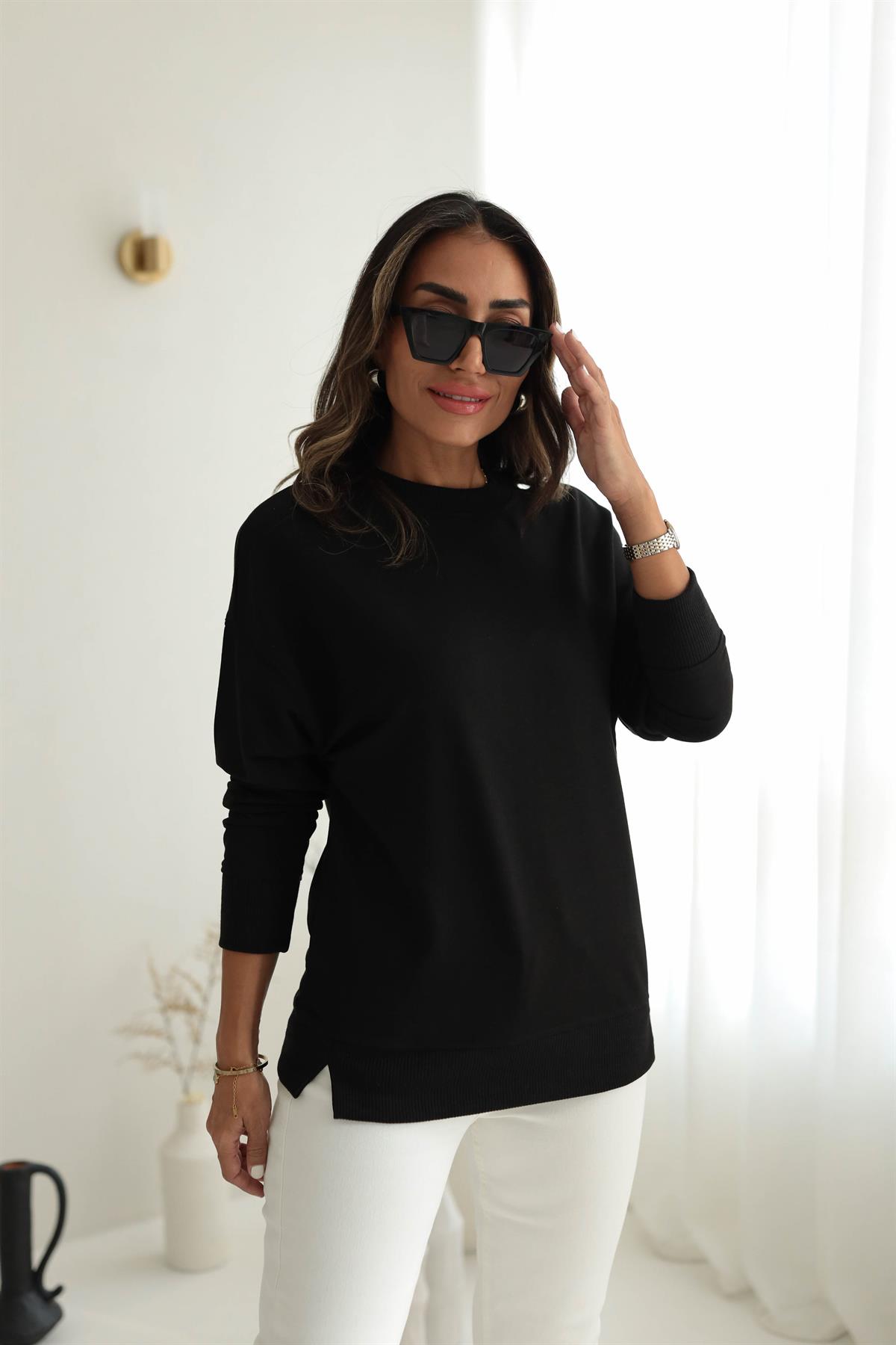 9002 Düz Basic Sweatshirt SİYAH