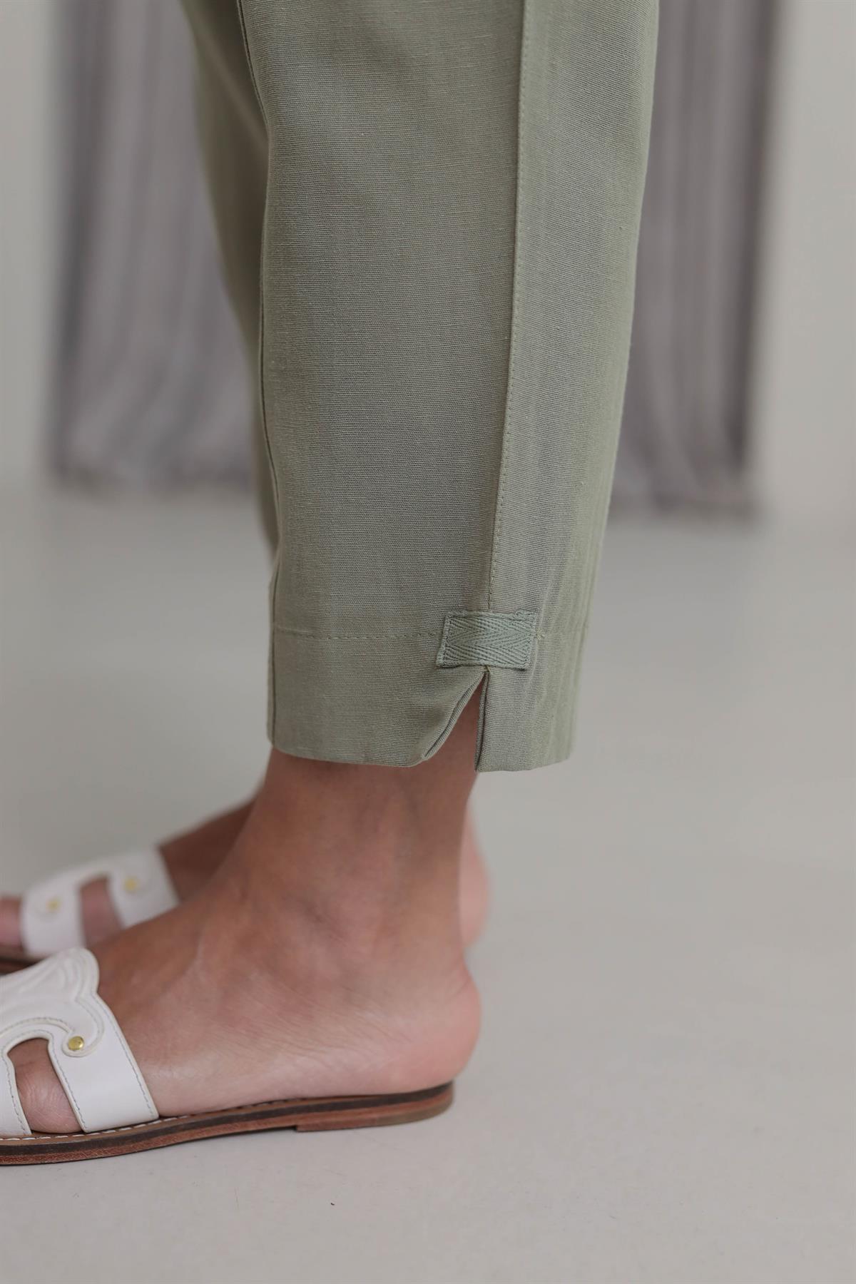 3875Y Balıksırtı Detay Yüksek Bel Pantolon HAKİ YEŞİL