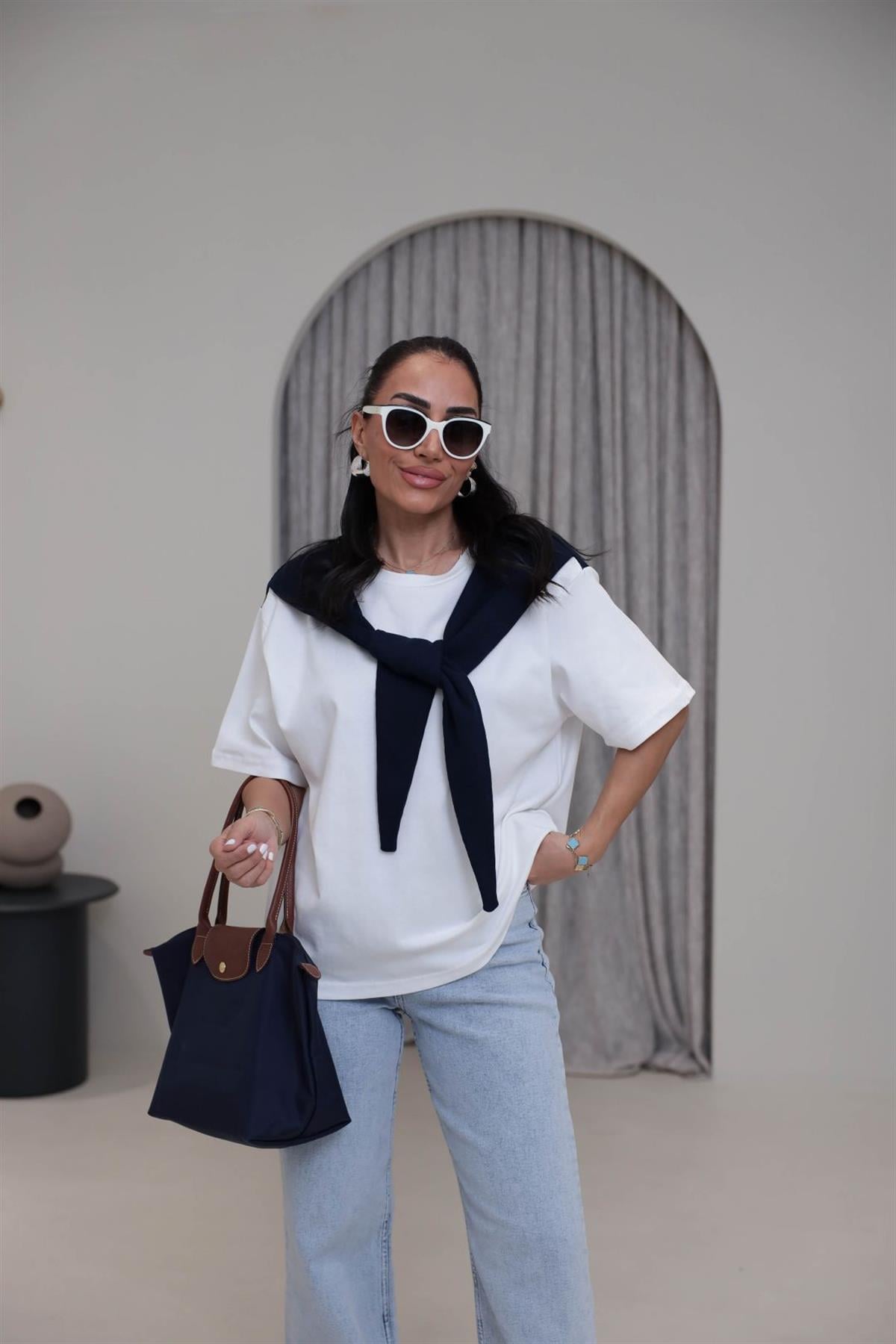 0688 Şal Detaylı Pamuklu Tshirt LACİVERT