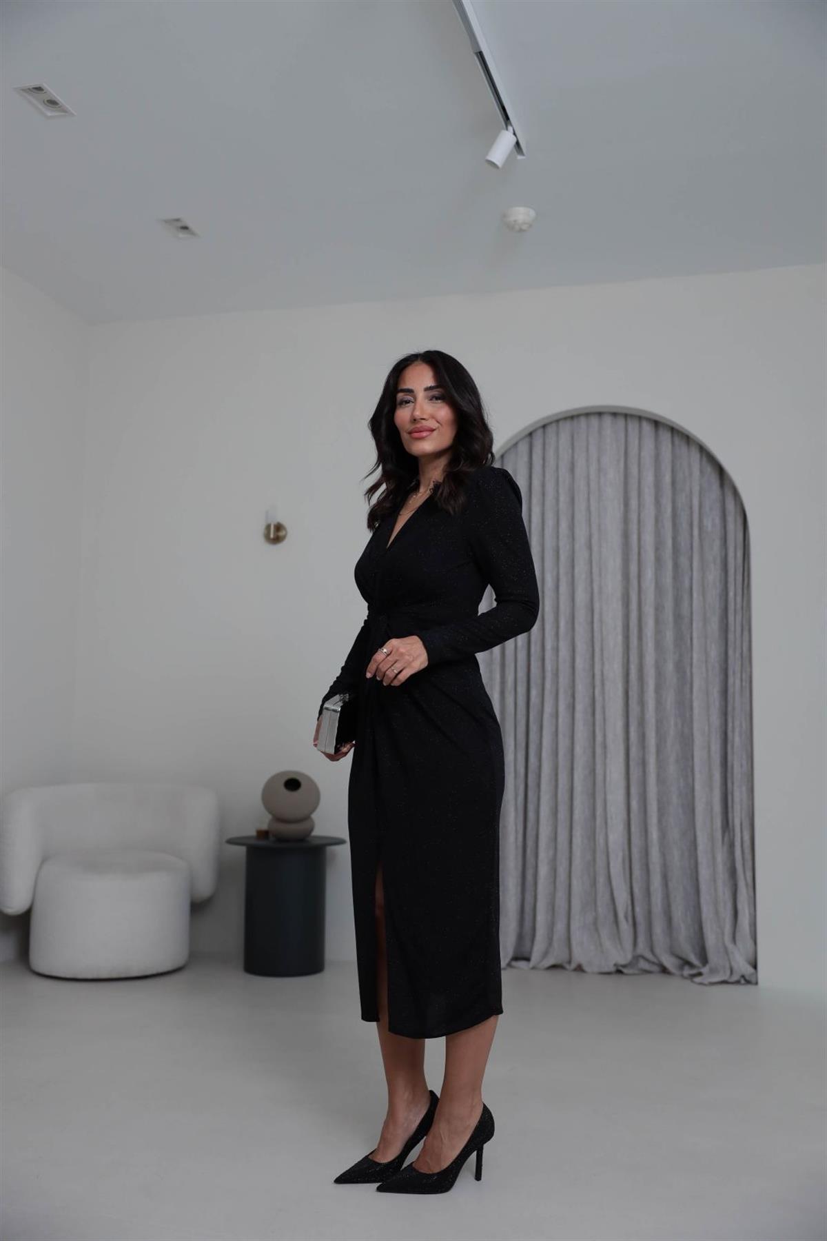 3633 Simli Likralı Düğüm Detay Midi Elbise SİYAH