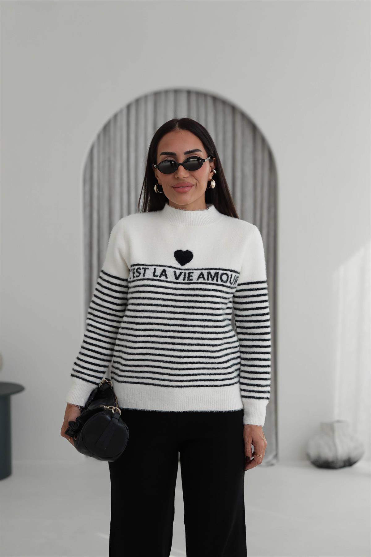 4817 Amour Çizgili Angora Kazak SİYAH