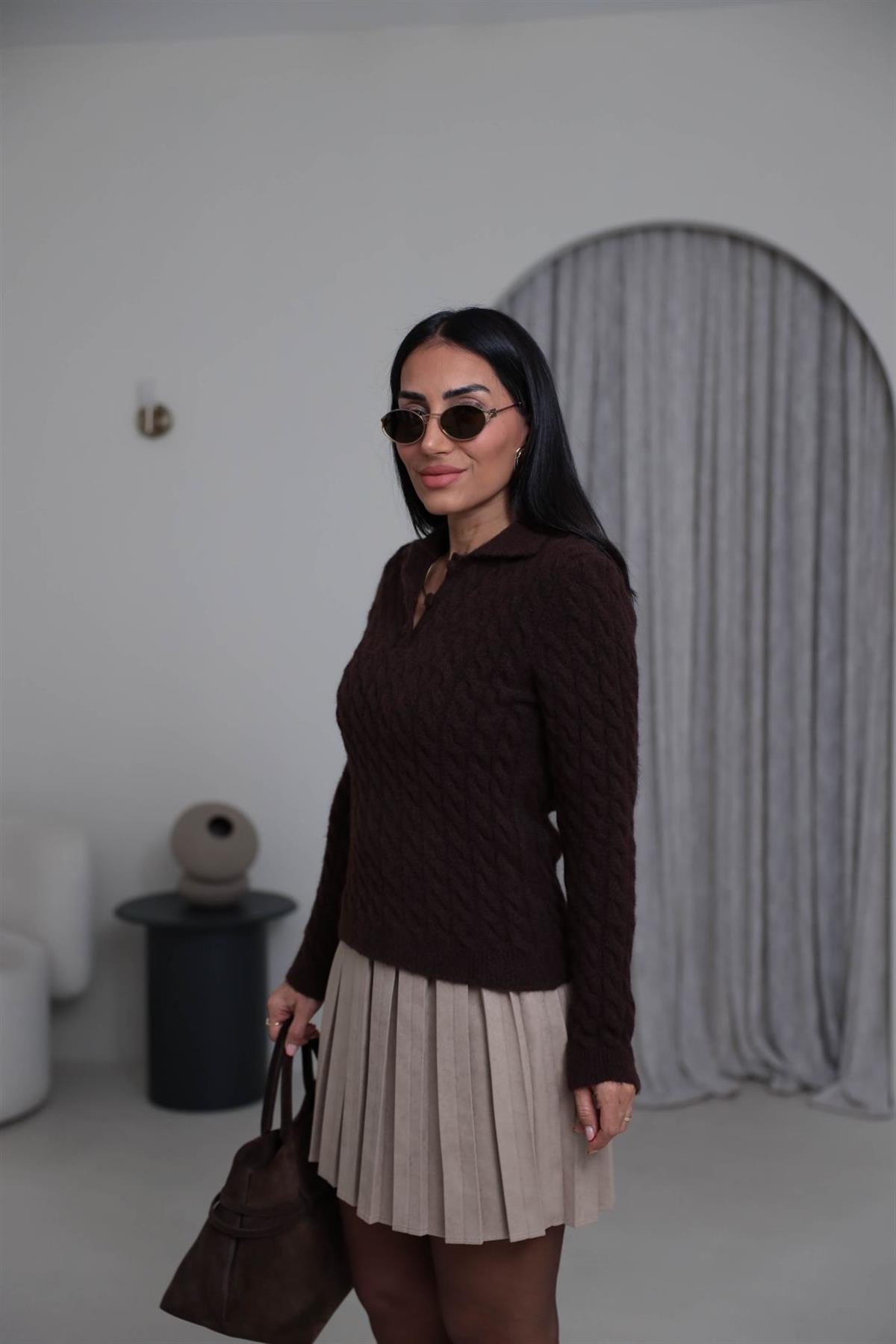 4984 Polo Yaka Örgülü Yarım Düğmeli Kazak ACI KAHVE