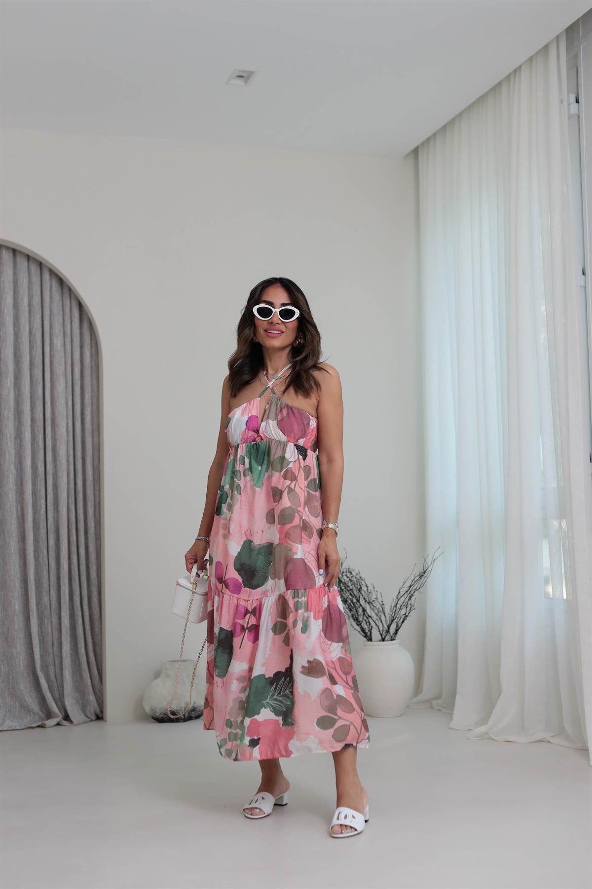 3771 Boyundan Bağlamalı Midi Elbise PEMBE